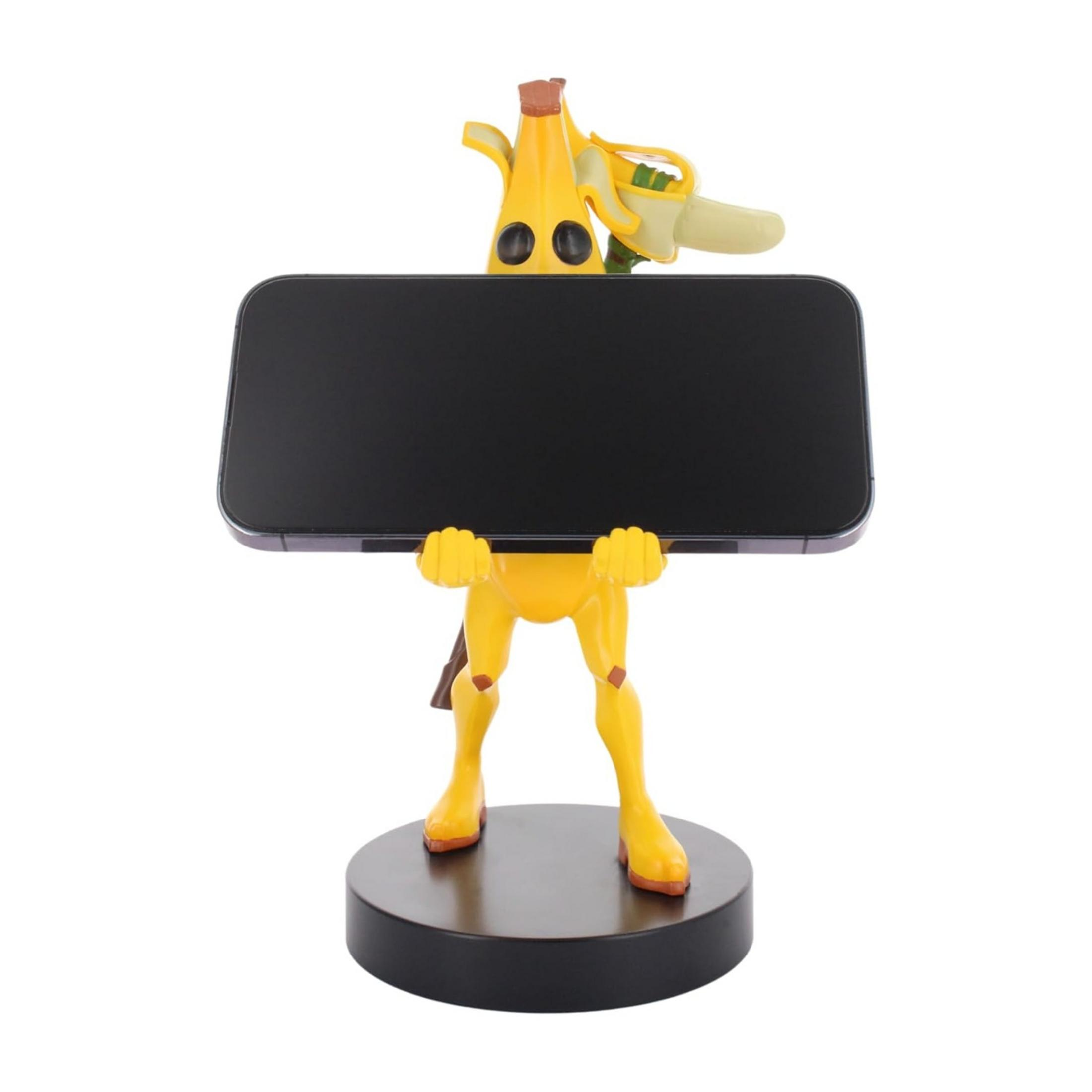 Supporto giallo a cartone animato che tiene uno smartphone su base nera.