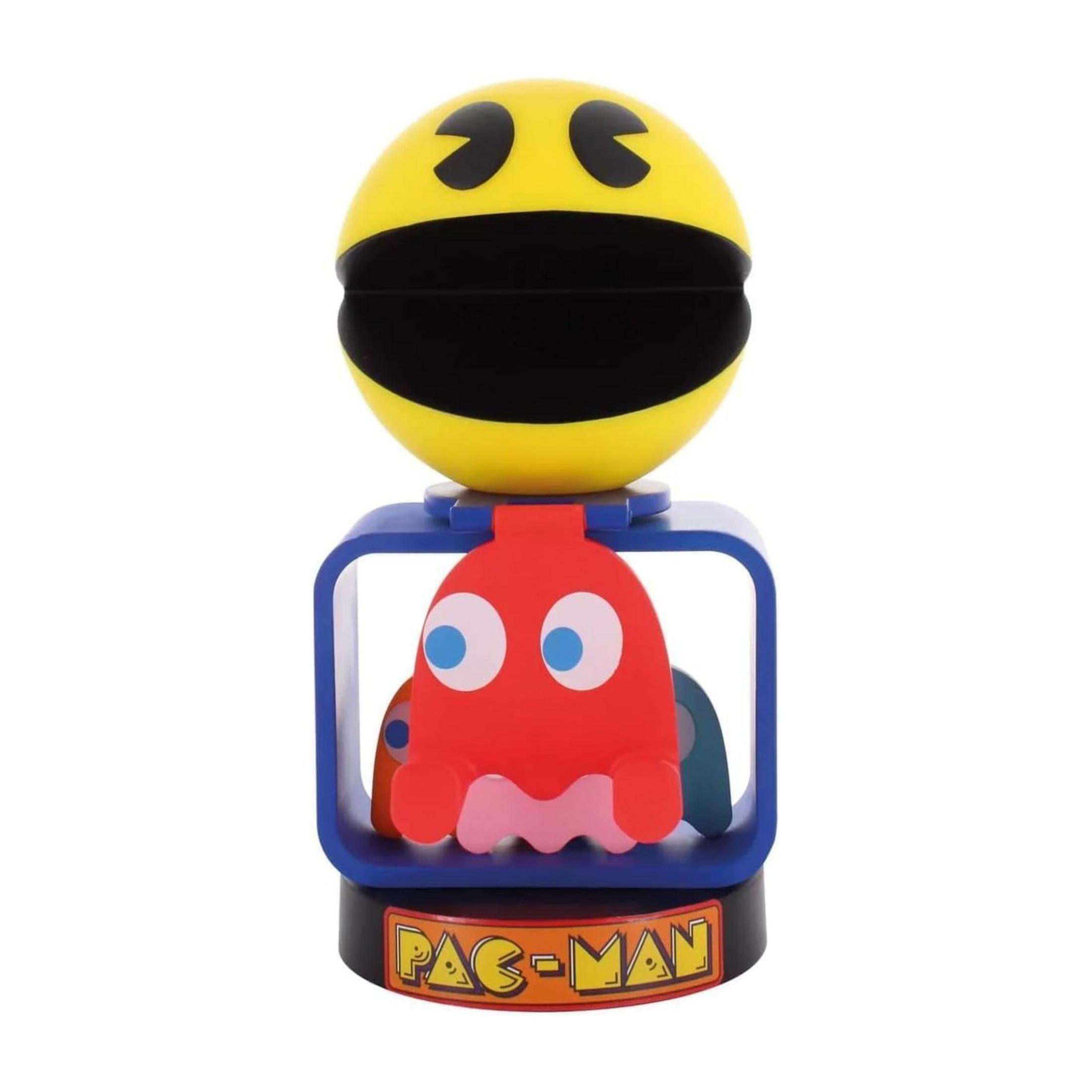 Un giocattolo di Pac-Man con Pac-Man giallo in cima, fantasma rosso e logo PAC-MAN.