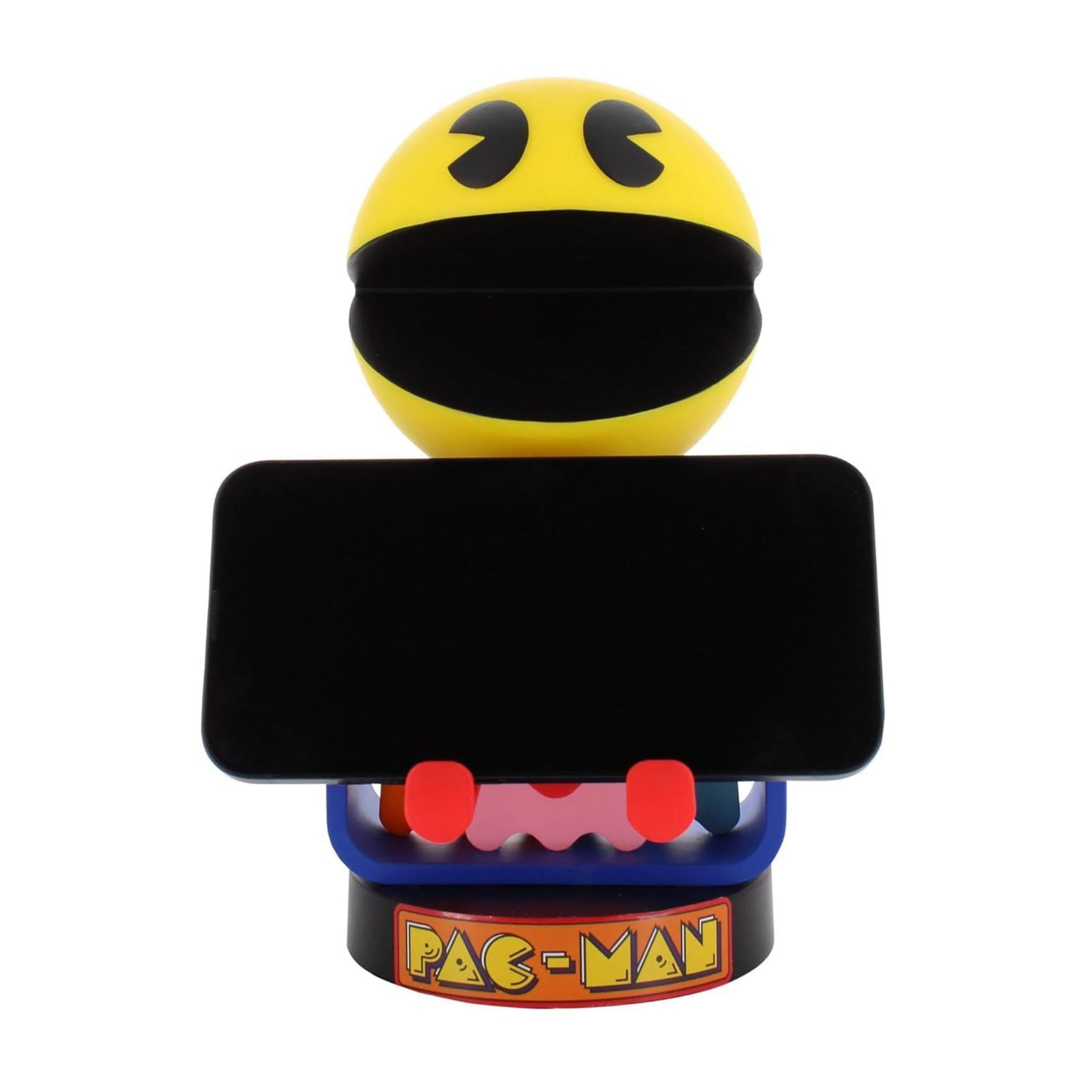 Supporto giallo Pac-Man con lavagna nera e base colorata con logo Pac-Man.