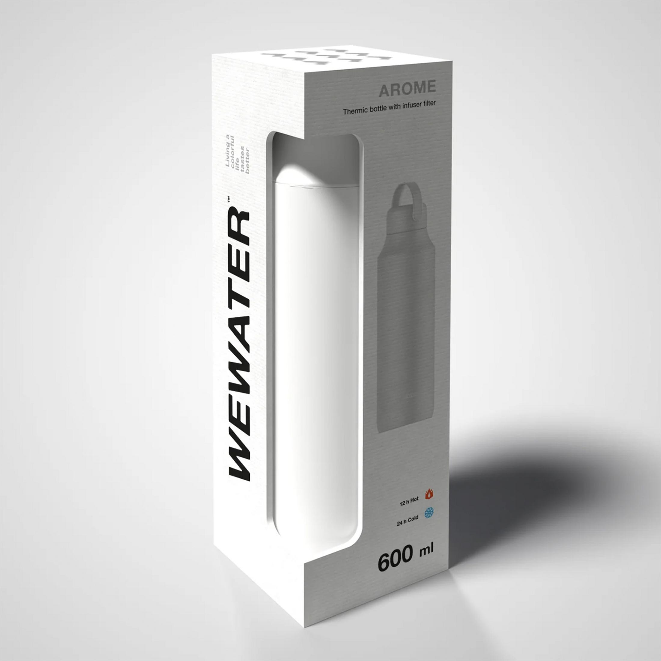 Botella térmica blanca con filtro infusor, 600 ml, en caja gris.