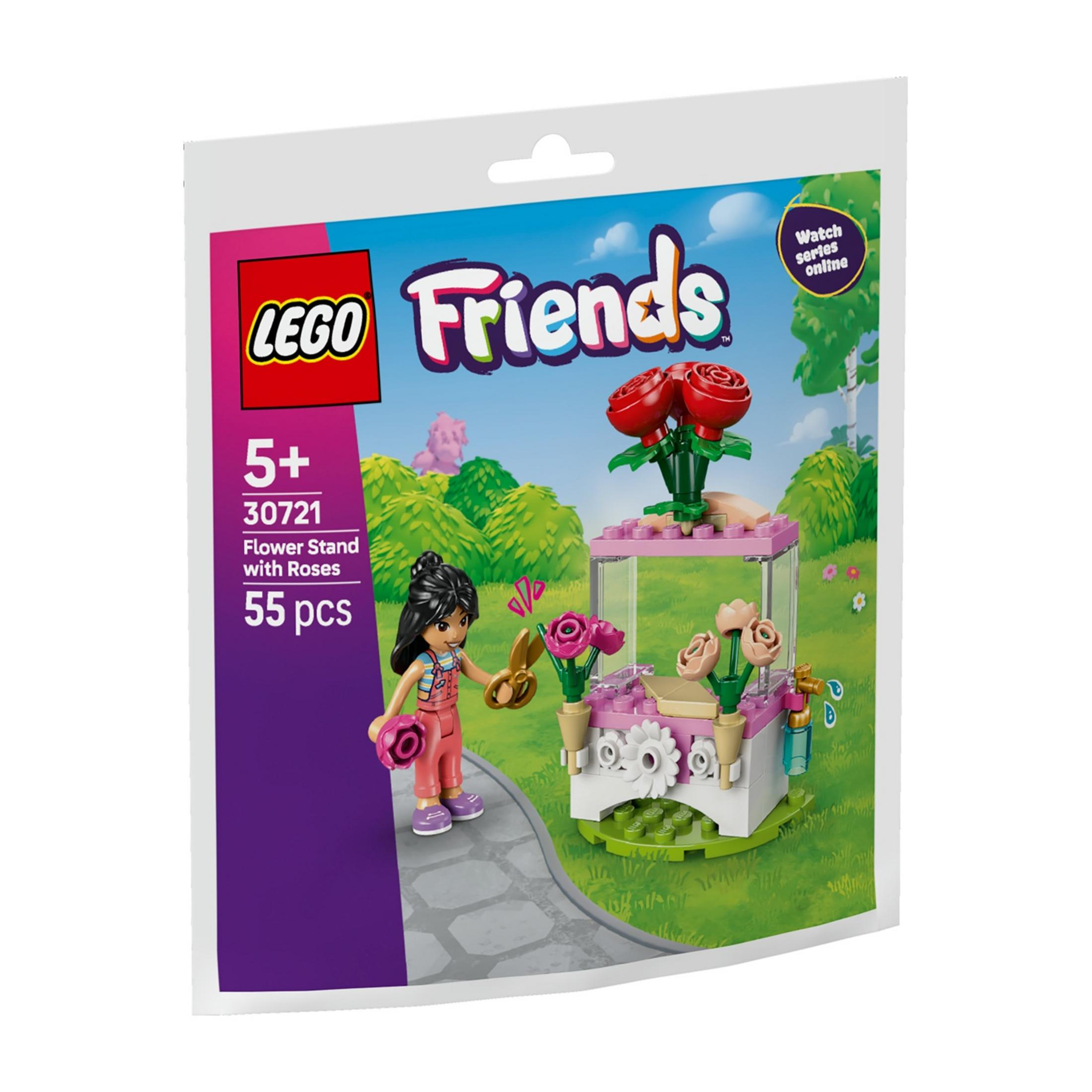 Set de puesto de flores LEGO Friends con figura y tijeras.