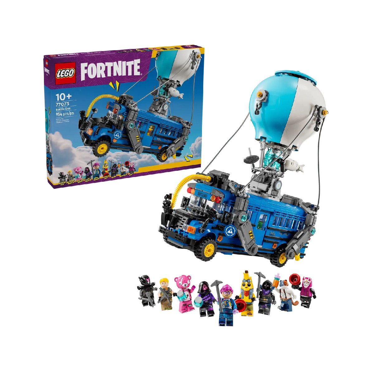 Niebieski autobus Lego Fortnite z balonem i ludzikami.