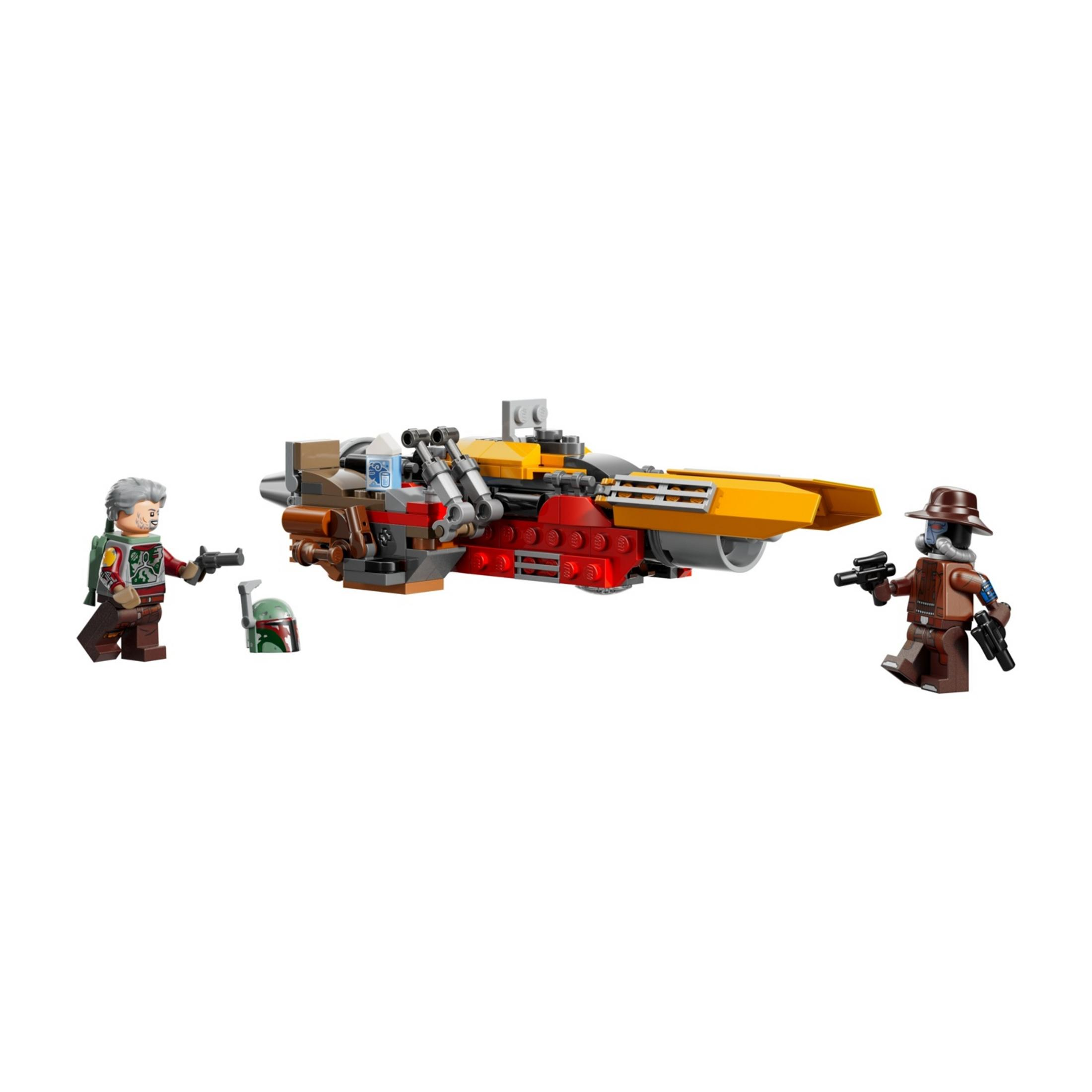 Figuras Lego: un hombre, un casco y una nave espacial con diseño amarillo y rojo.