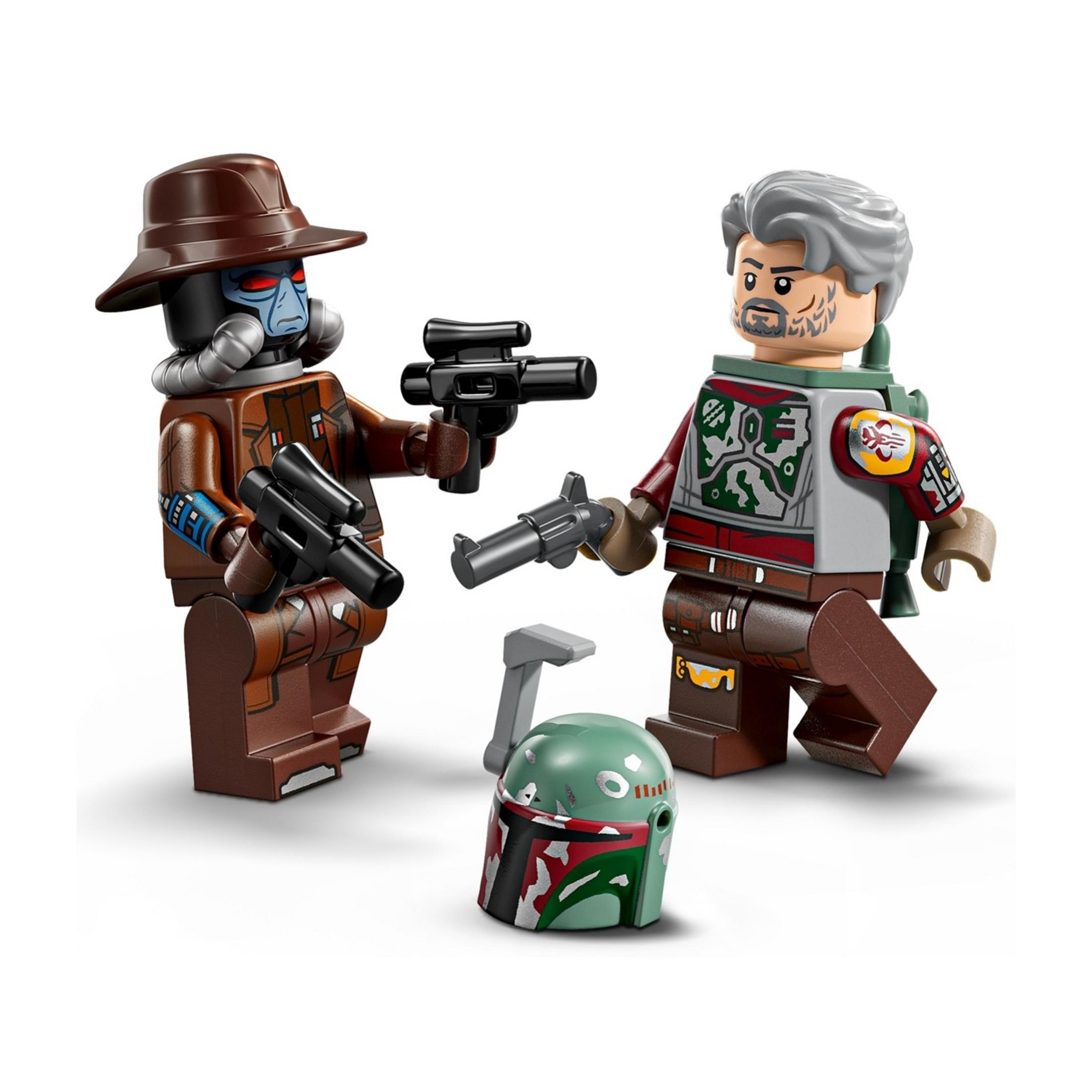 Dos minifiguras LEGO y un casco. Una figura lleva sombrero marrón y sostiene un arma.