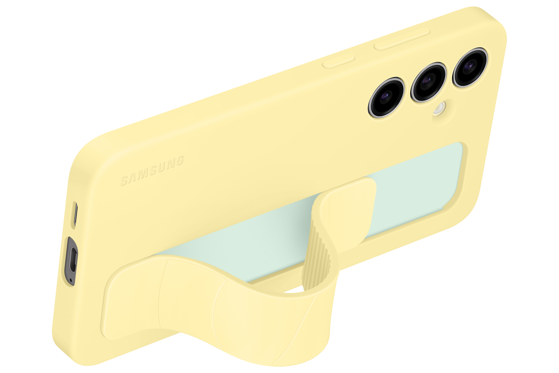 Żółte etui Samsung z wbudowanym uchwytem i wycięciami na aparat.