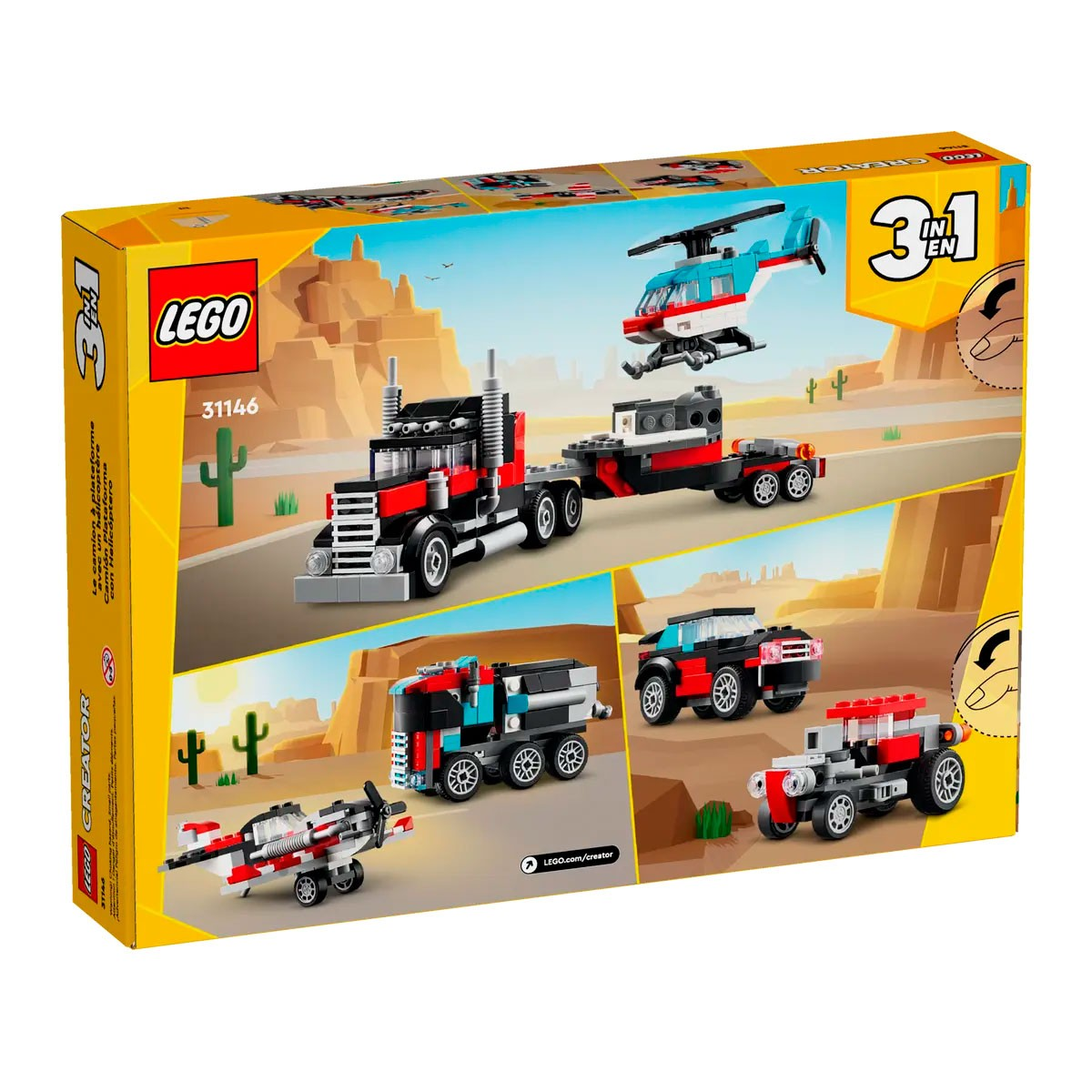 Zestaw LEGO Creator 3-w-1 31146 pokazuje ciężarówkę, helikopter, samolot, auto.