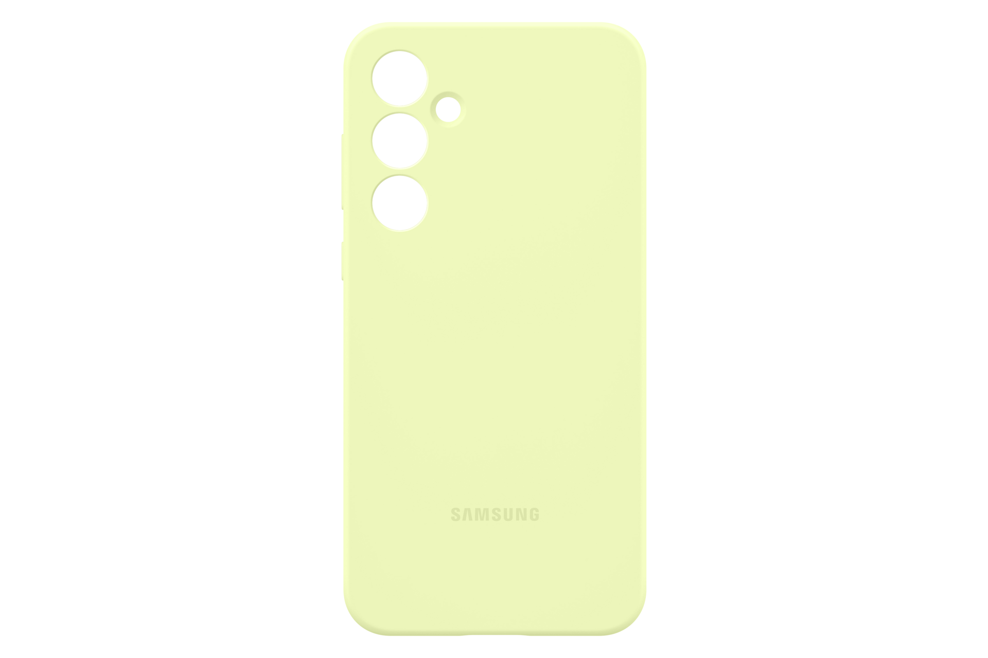 Eine hellgelbe Handyhülle mit drei Kameralöchern und einem Samsung-Logo.