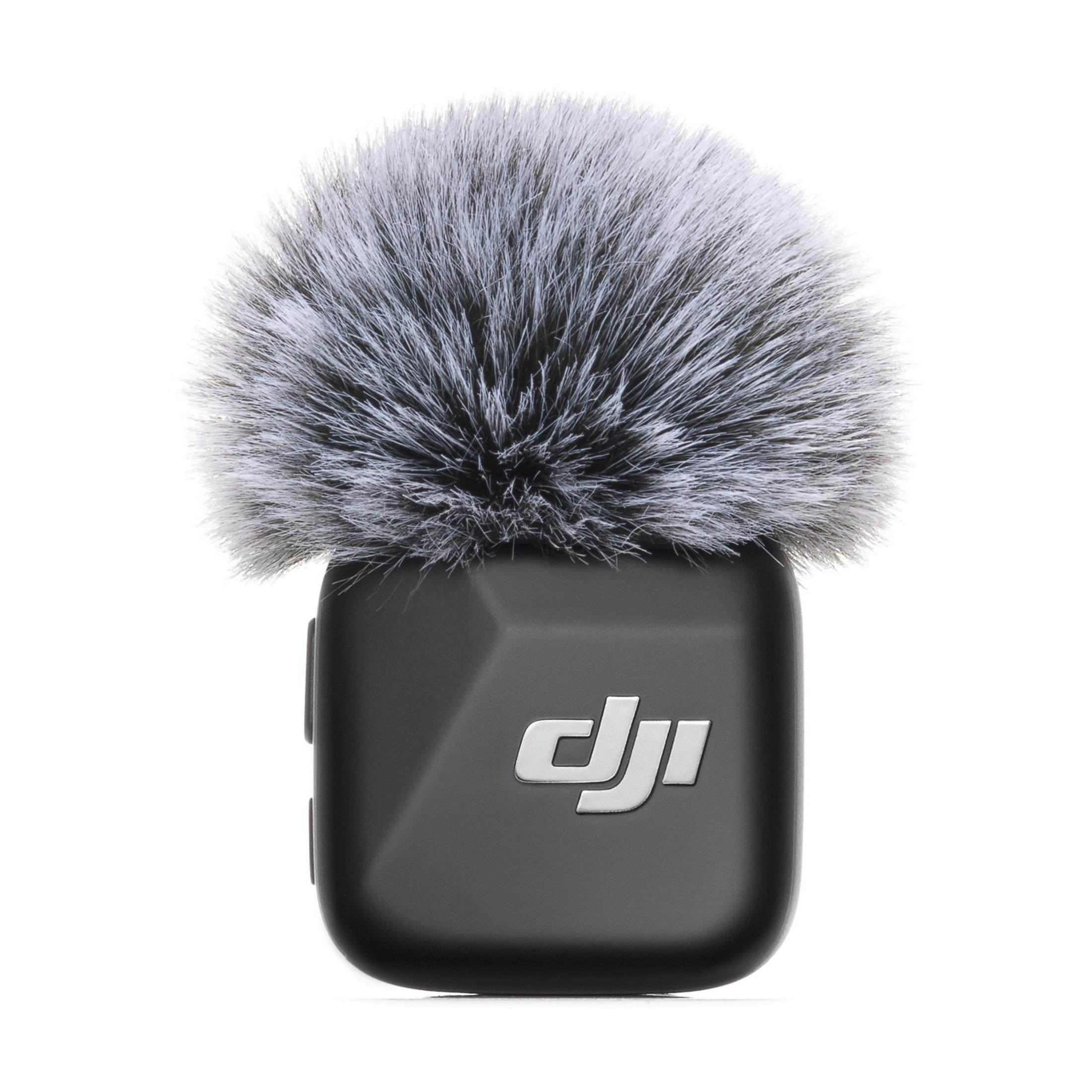 Czarny mikrofon z puszystym szarym ochraniaczem przeciwwiatrowym.