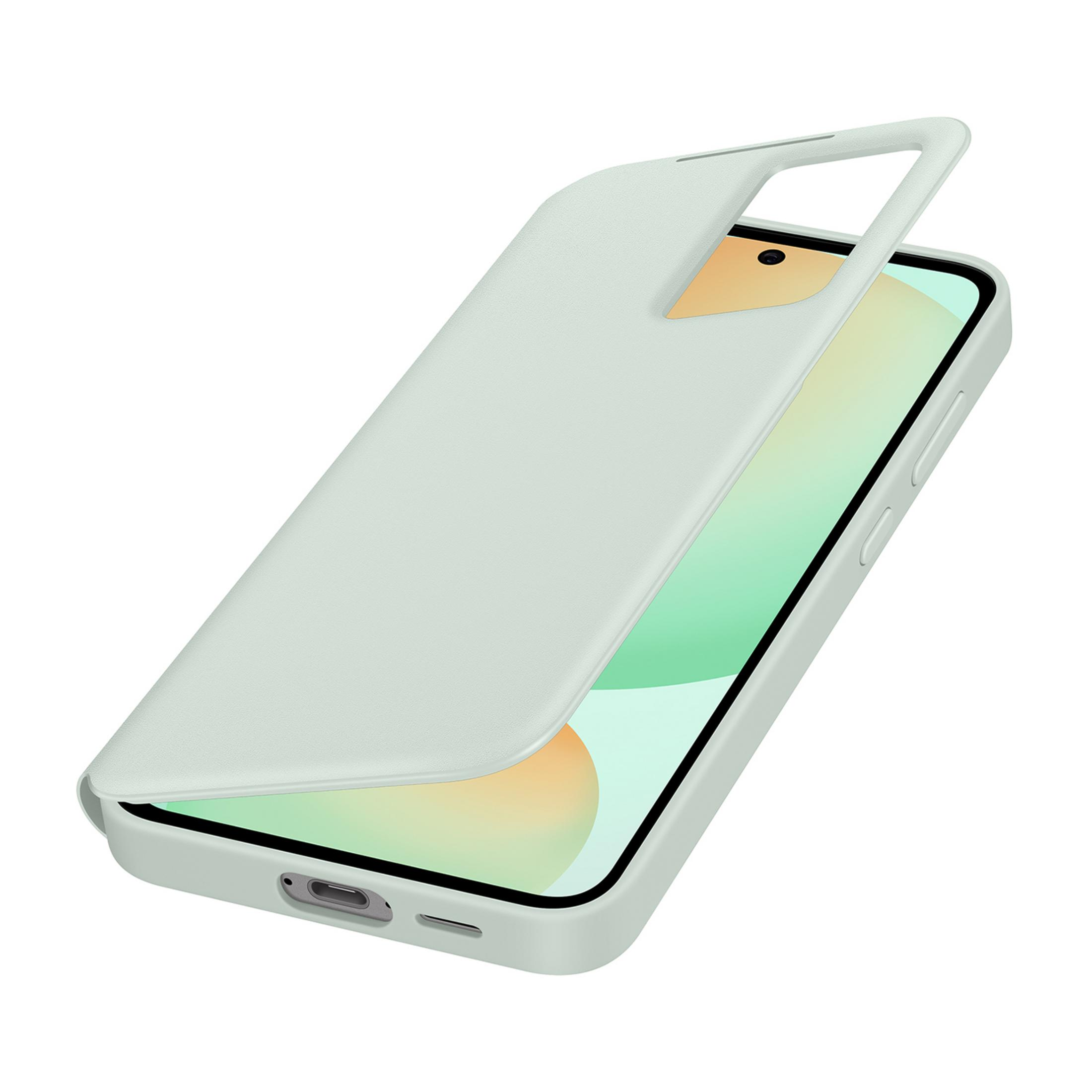 Een lichtgroene telefoon met een afneembare hoes met een rechthoekige uitsparing.