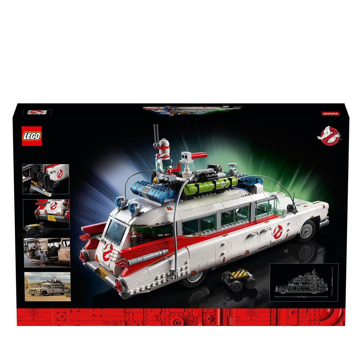 Model Lego Ecto-1 ze szczegółami i akcesoriami na czarnym tle.