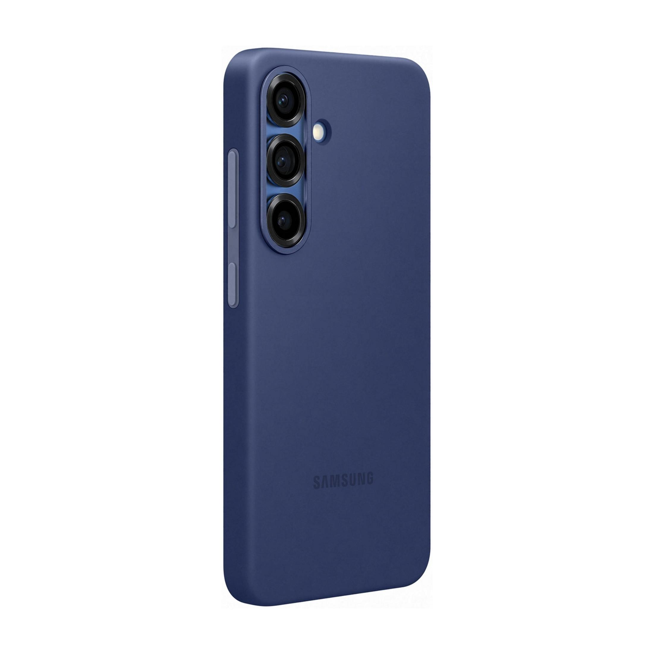 Granatowe etui na telefon z potrójnym aparatem i logo Samsung.