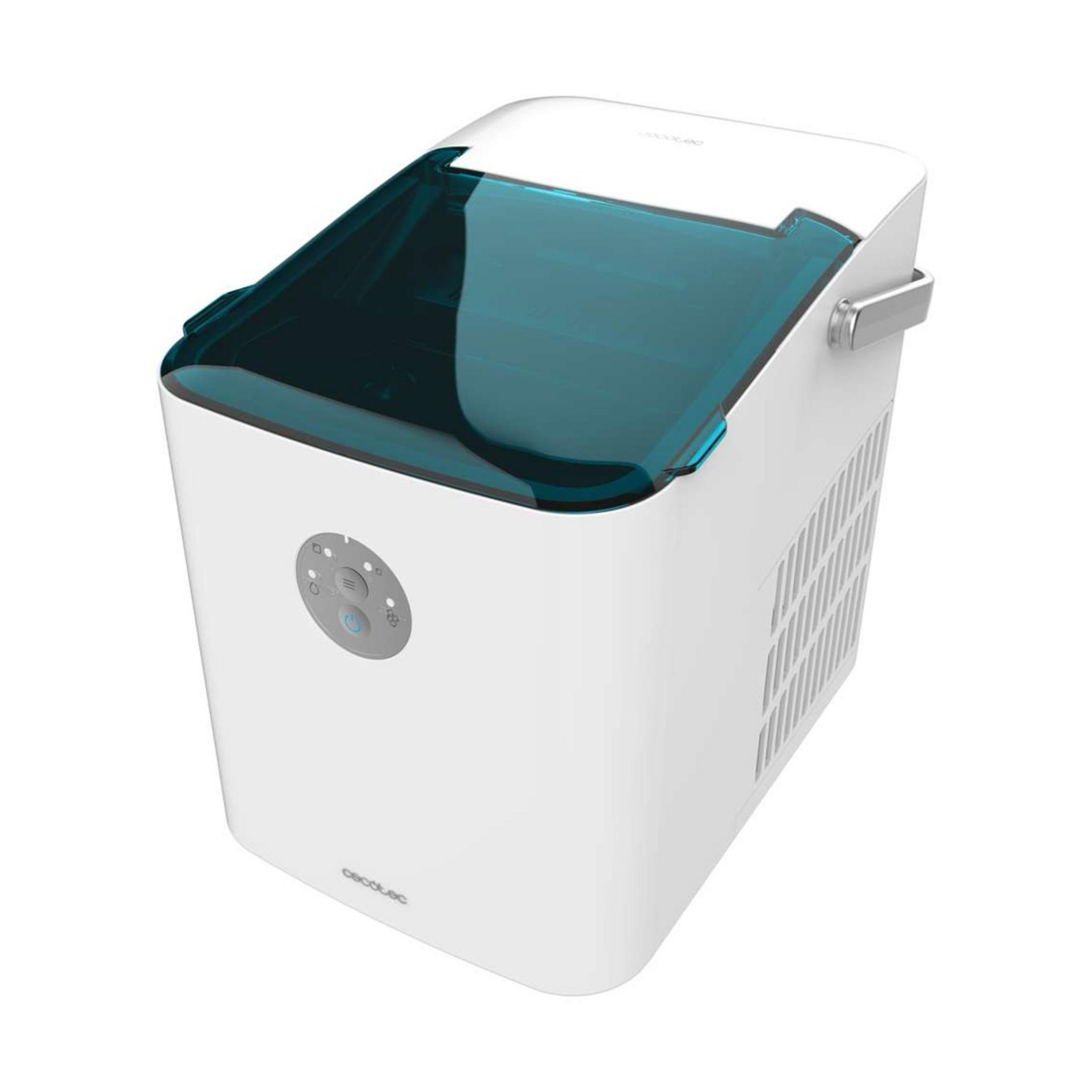 Biała maszyna do lodu z turkusową przezroczystą pokrywą i panelem sterowania.