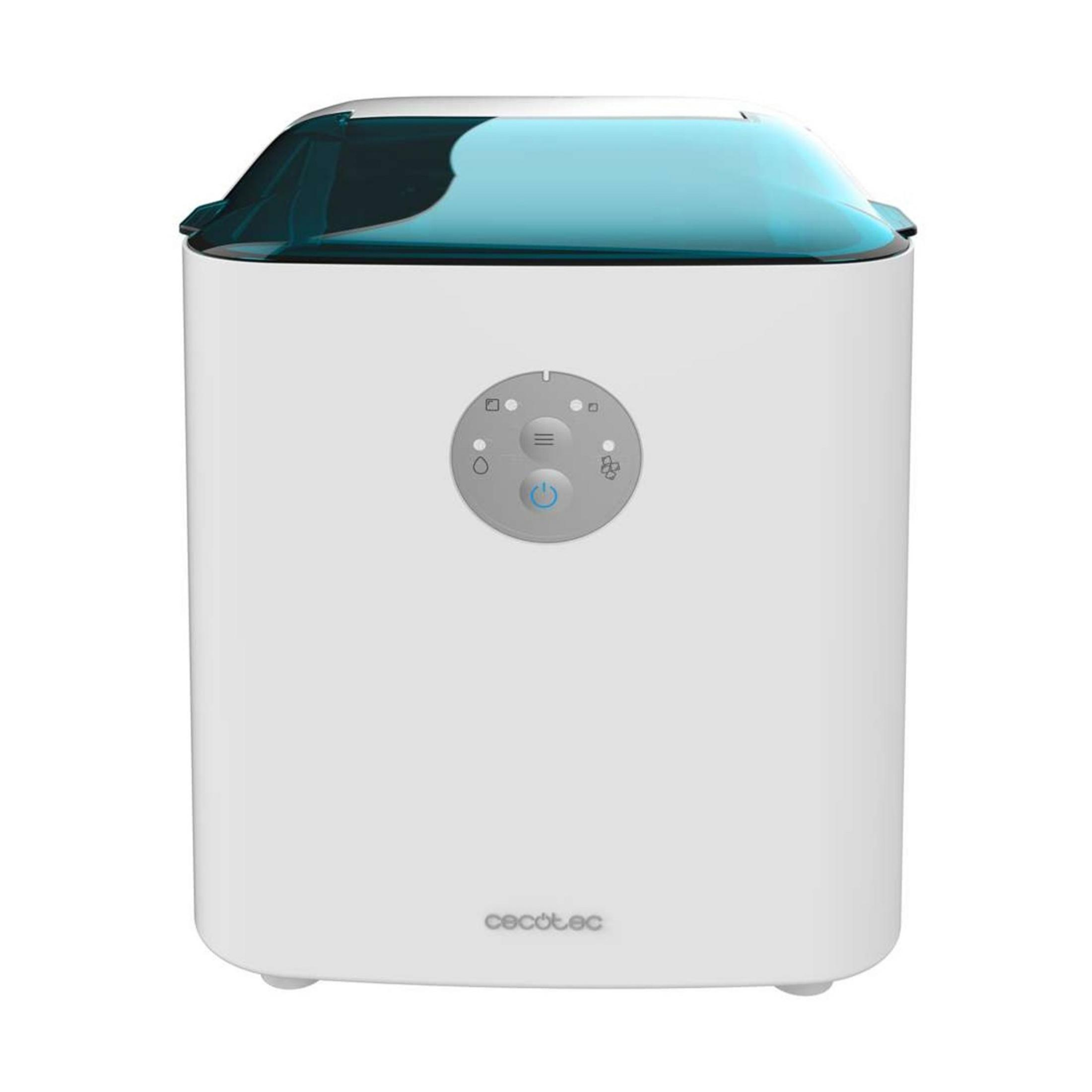 Biały oczyszczacz powietrza z niebieską górą i okrągłym panelem sterowania.