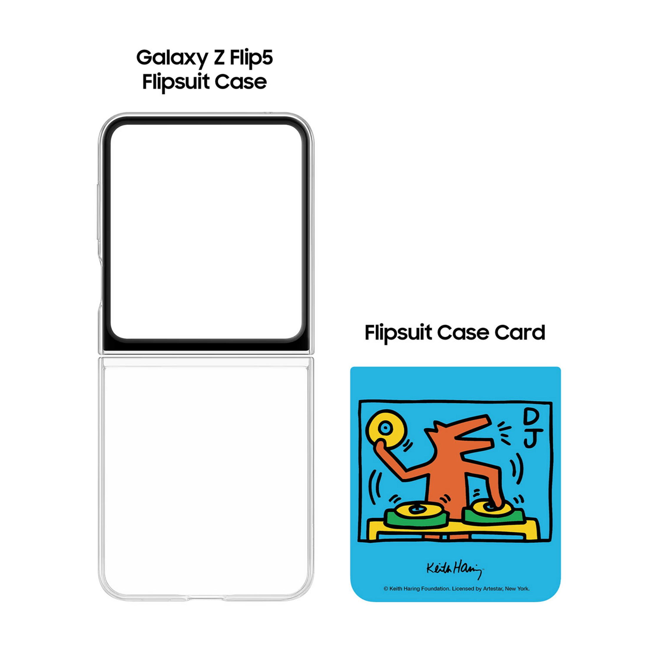 Funda Flipsuit Galaxy Z Flip5 y tarjeta con arte de DJ de Keith Haring.