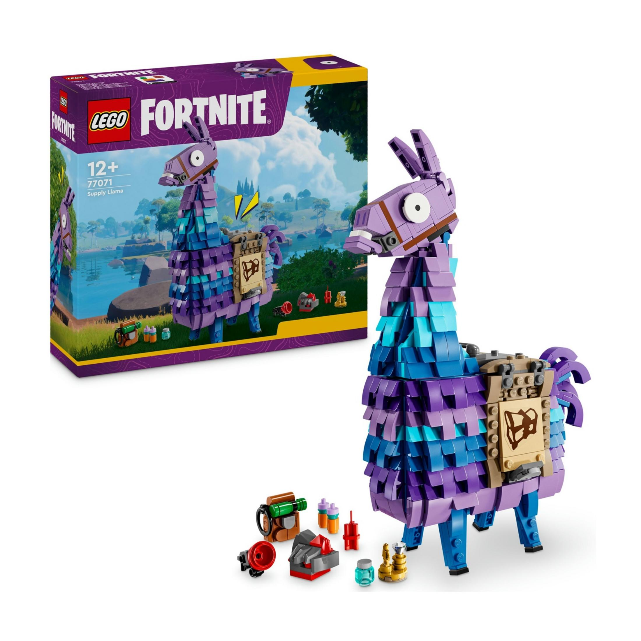 Zabawka lama Lego Fortnite z akcesoriami na białym tle.