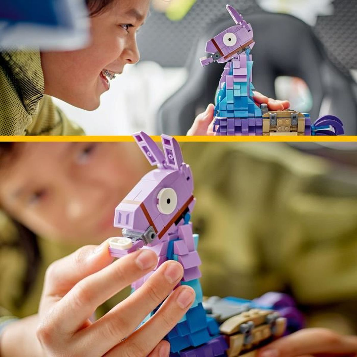 Dziecko buduje fioletową zabawkę lamę z Lego z niebieskimi i brązowymi akcentami.