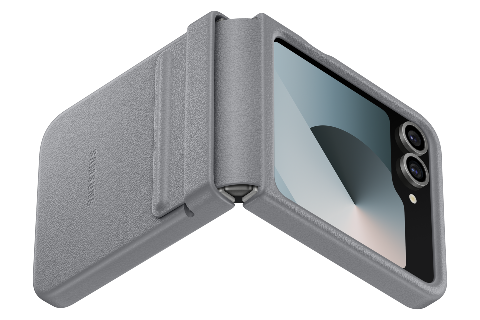 Funda gris de cuero tipo flip para teléfono con logo Samsung y doble cámara.