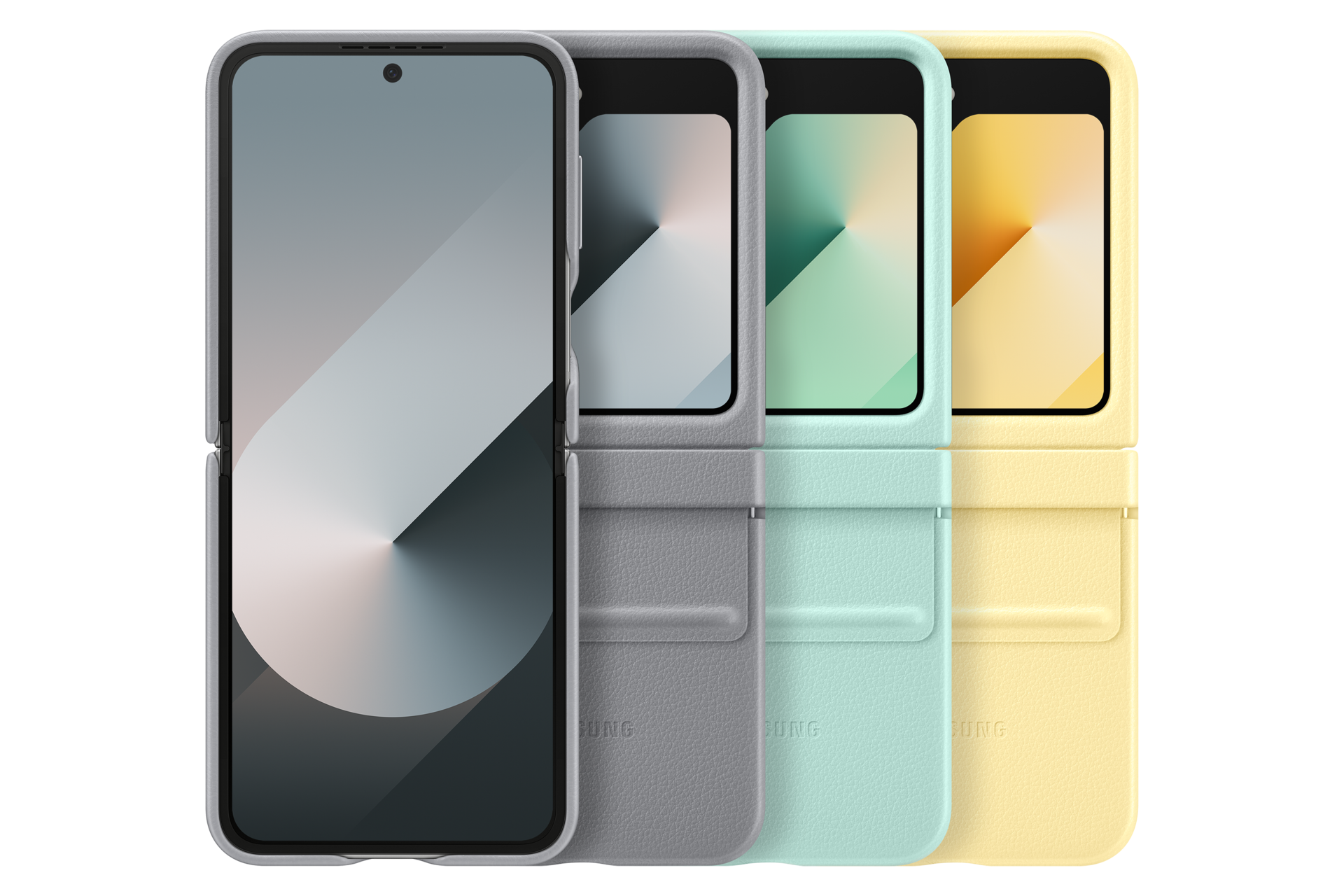 Cuatro teléfonos plegables en gris, menta, amarillo y plata uno al lado del otro.