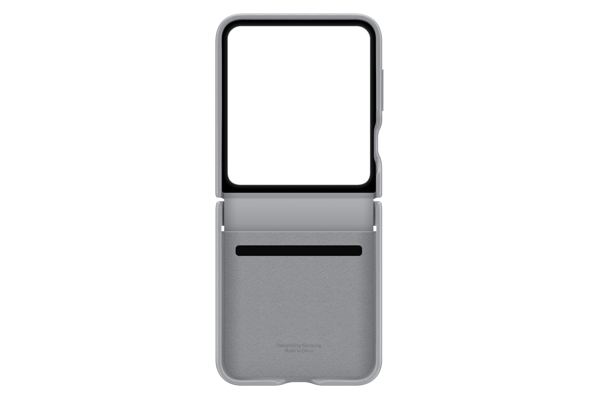 Funda gris para teléfono plegable con pantalla negra y ranura.