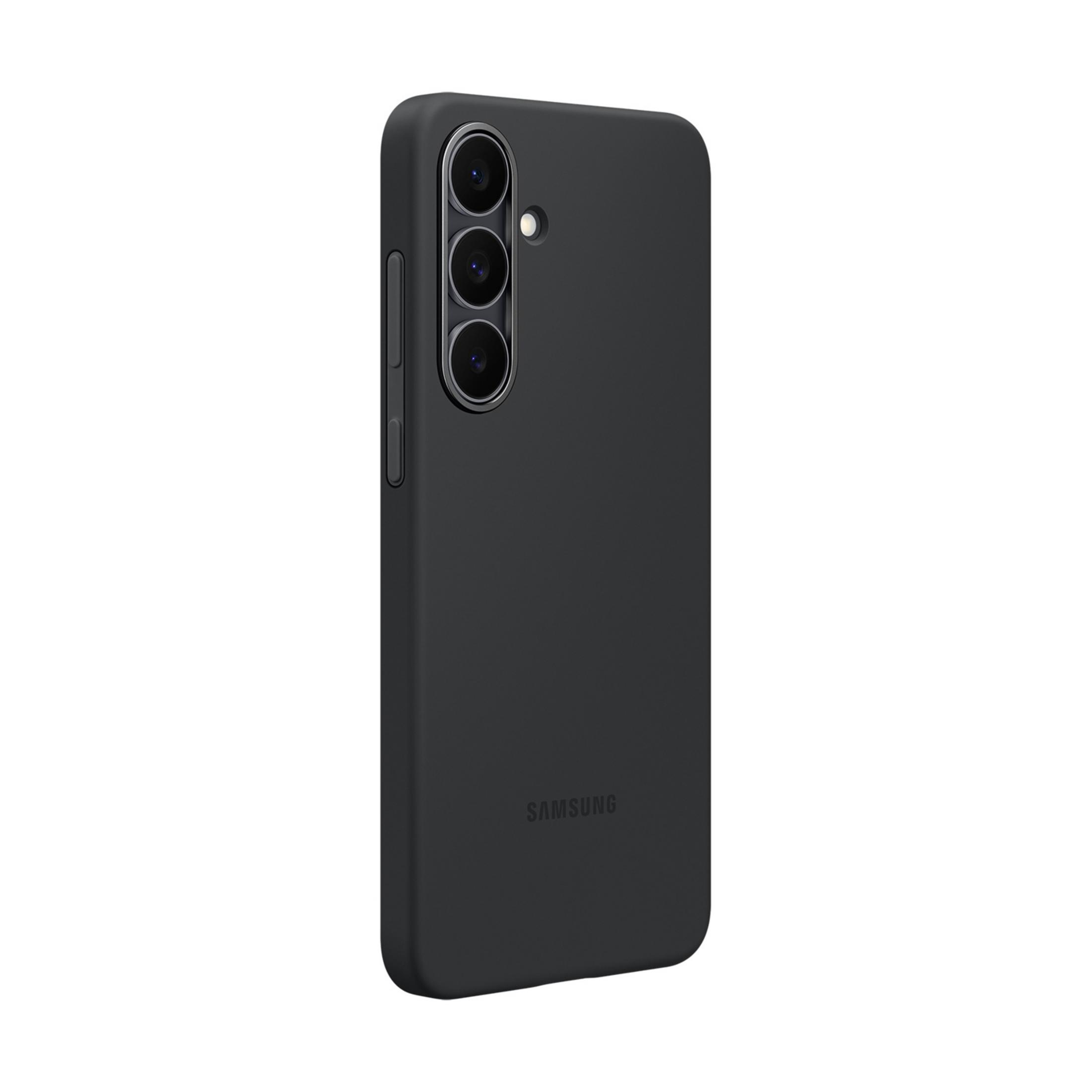 Custodia nera per telefono con tre obiettivi e logo Samsung.