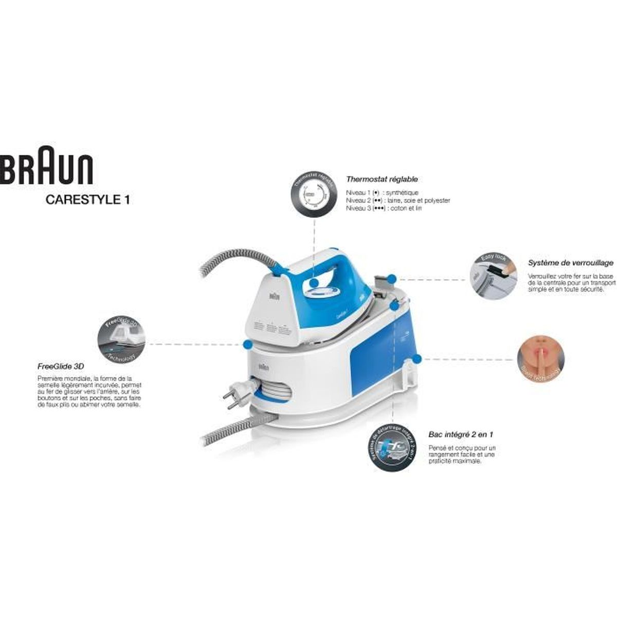 Ferro da stiro Braun CareStyle 1 con base e accessori. Bianco e blu.