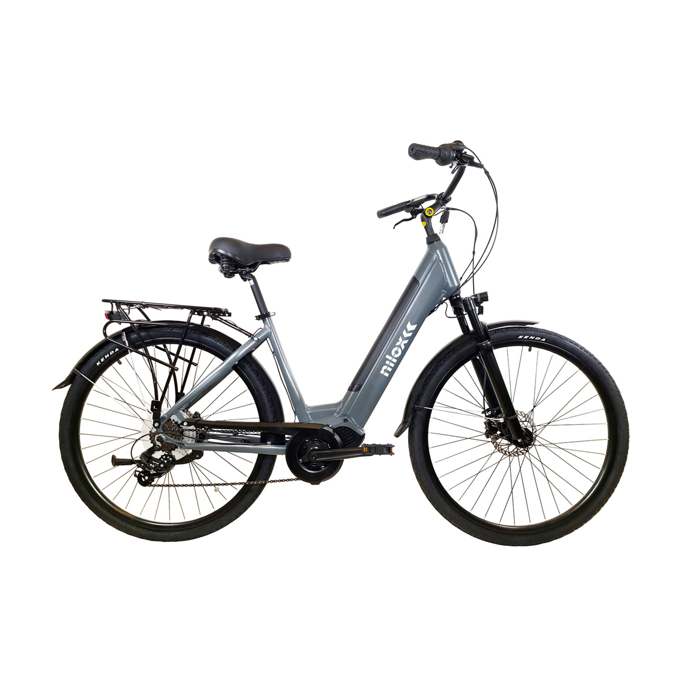 E-bike grigia con portapacchi, sella e pneumatici neri, su sfondo bianco.
