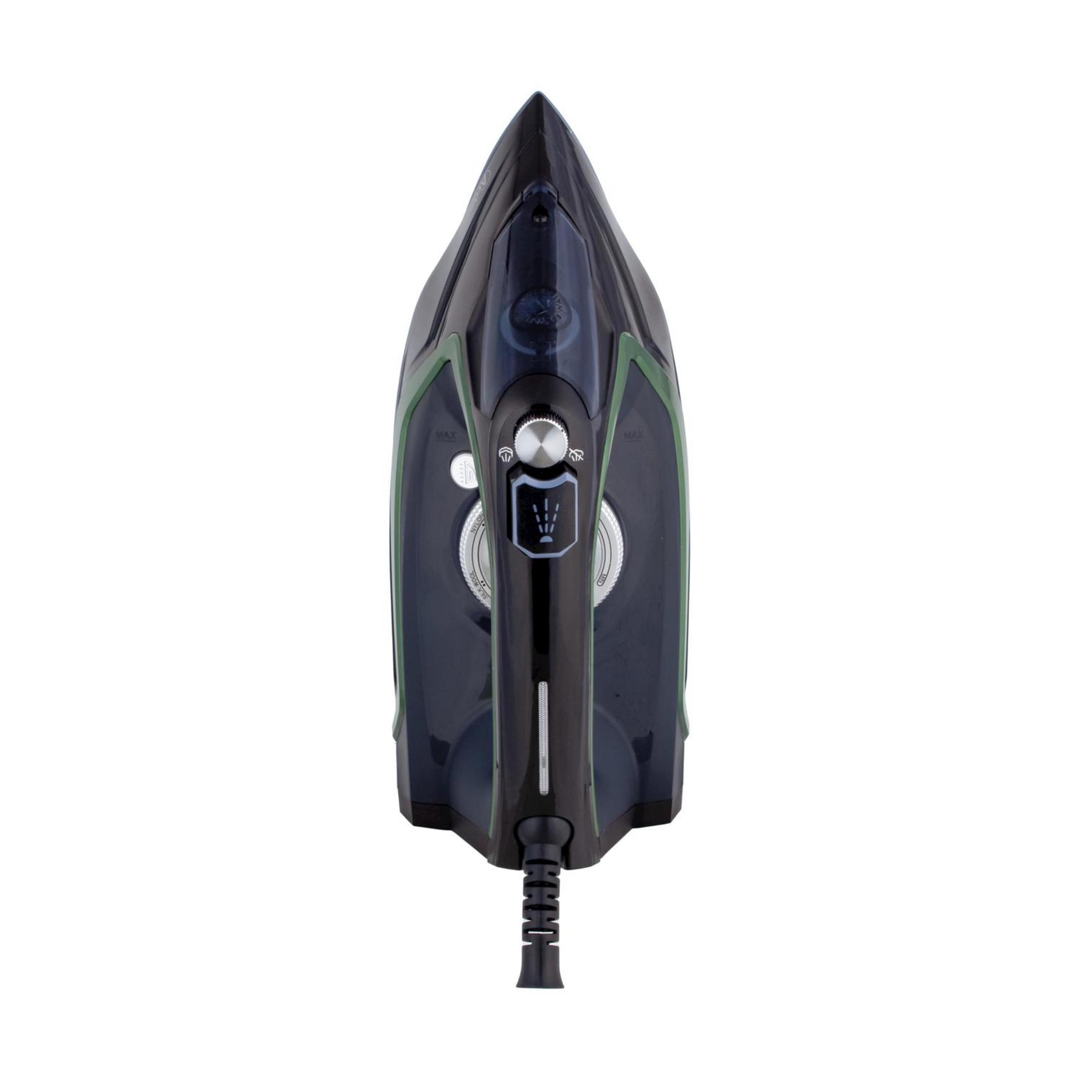 Czarne żelazko parowe z zielonymi akcentami i przyciskami sterowania.