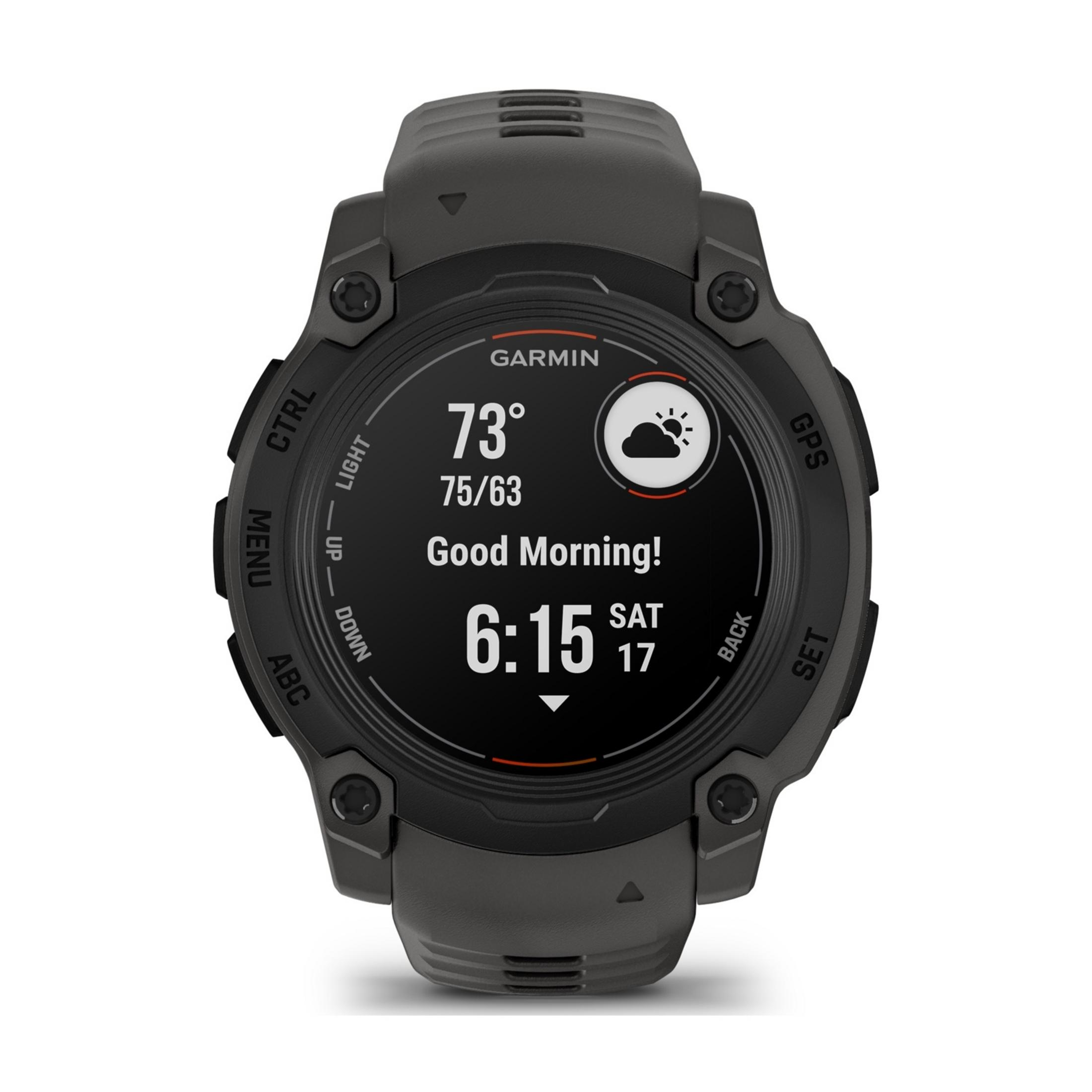 Eine graue Garmin Smartwatch zeigt 73°F, 6:15 Uhr und Guten Morgen an.