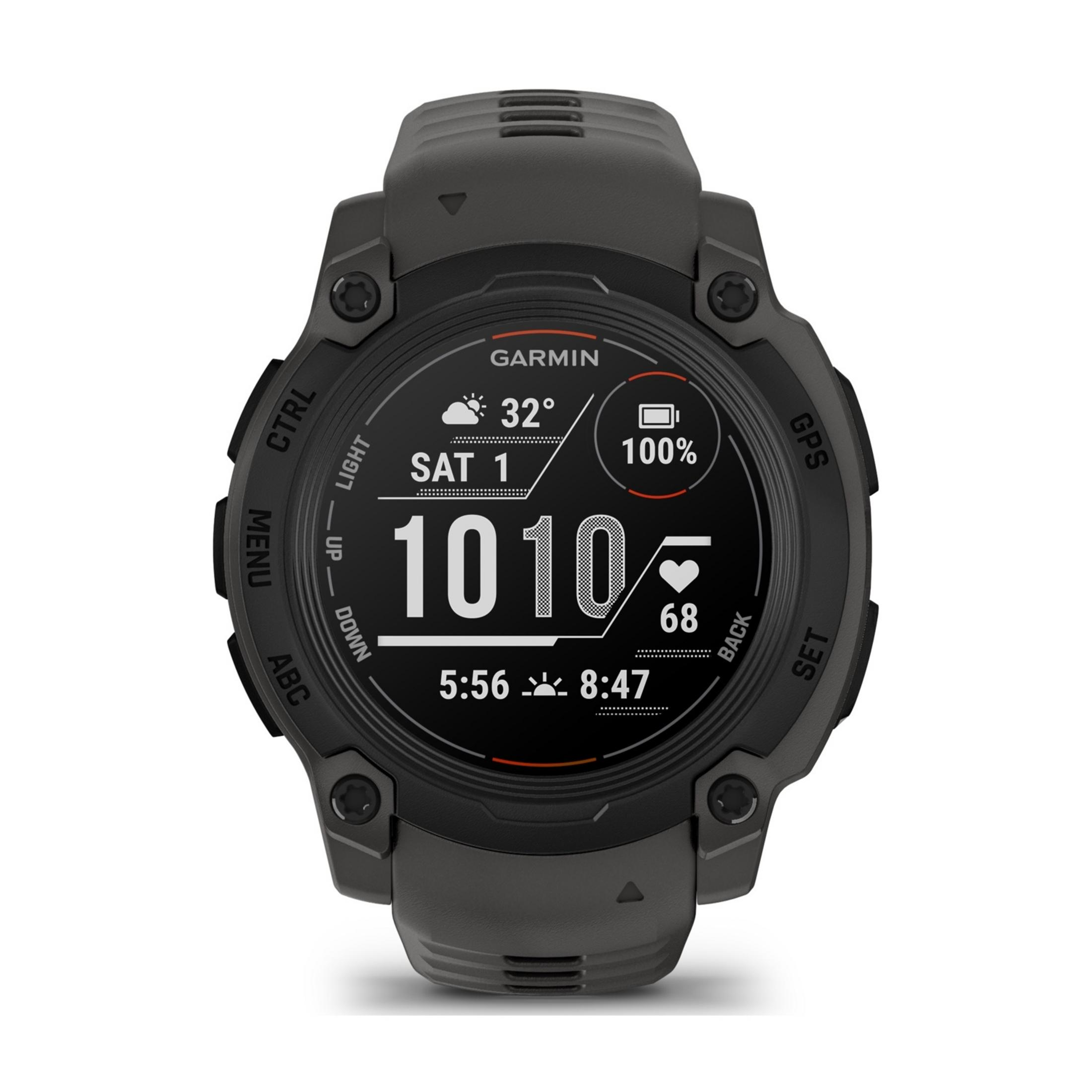 Graue Garmin Smartwatch mit Herzfrequenzanzeige, Satelliten- und Wetterdaten.