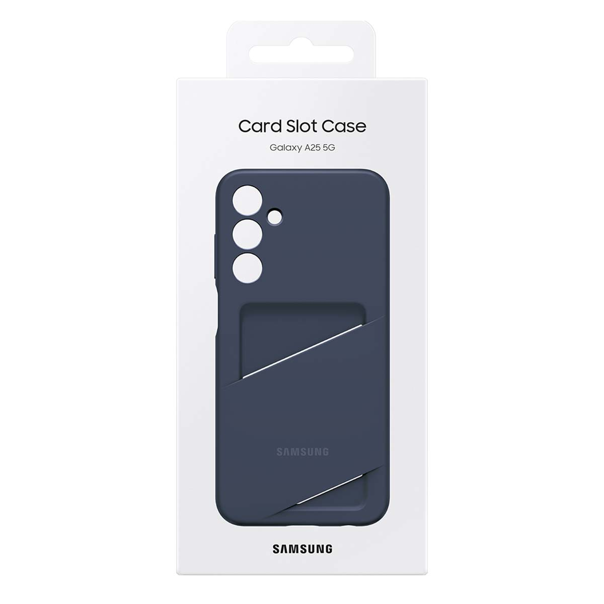 Coque bleu foncé avec fente pour carte pour Galaxy A25 5G sur emballage blanc.