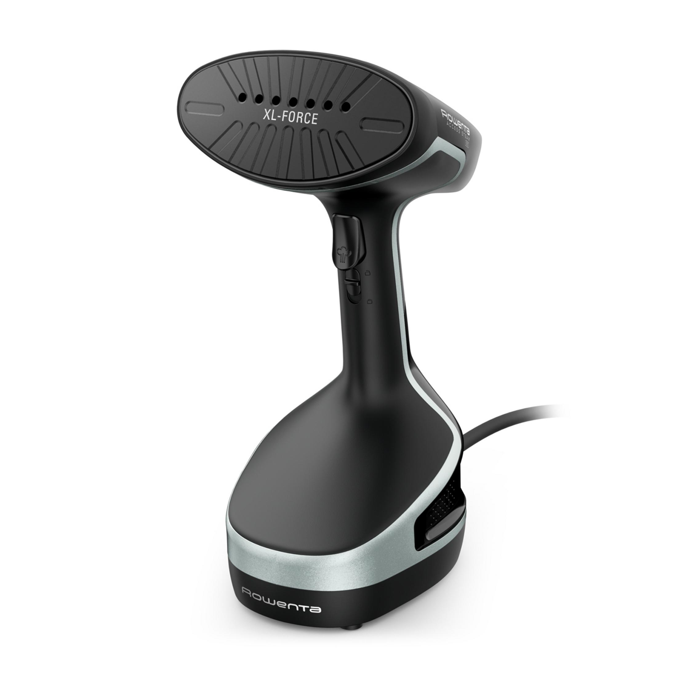 Défroisseur vapeur noir avec garniture argentée, marqué "XL-FORCE".