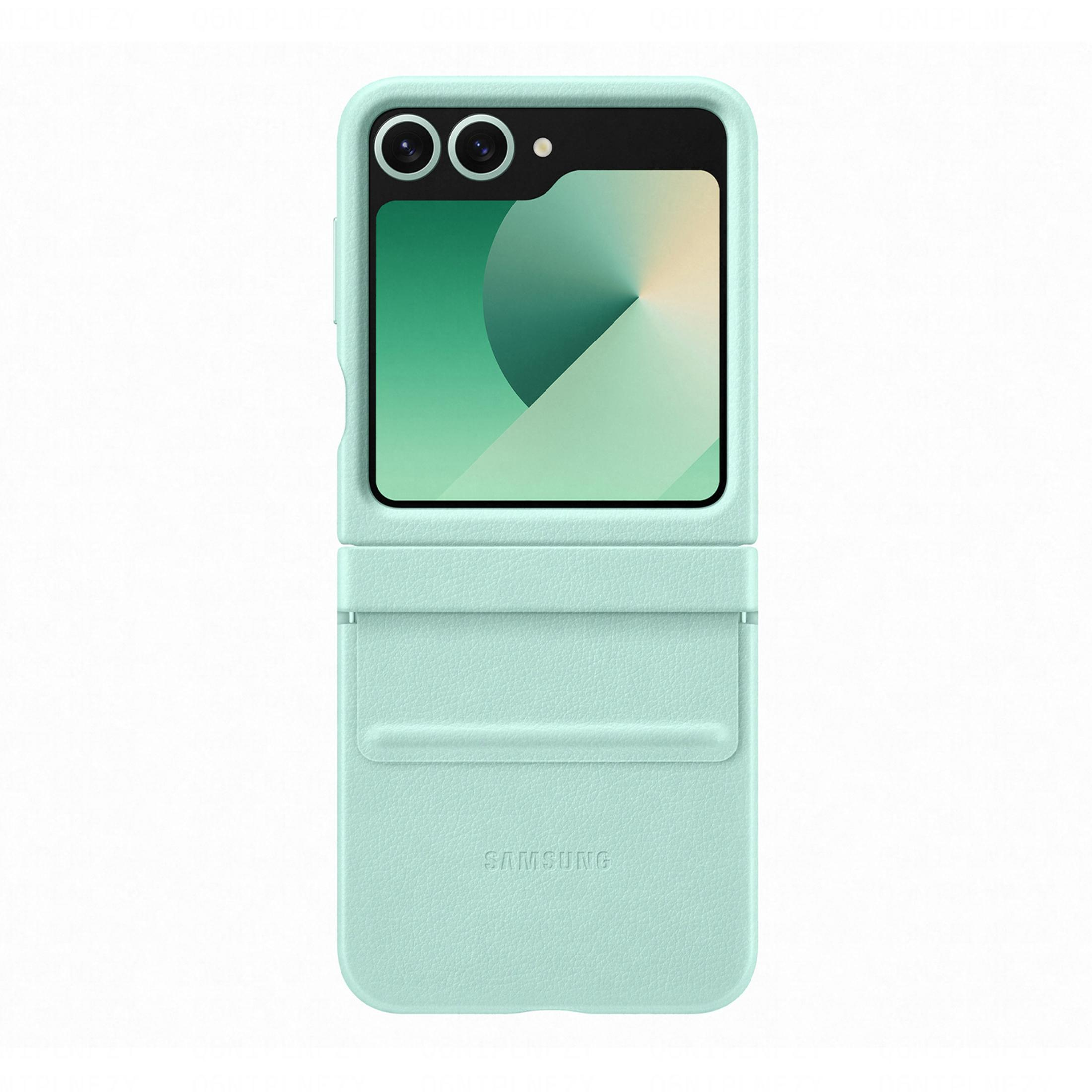 Una funda verde claro para teléfono plegable con dos cámaras y pantalla.