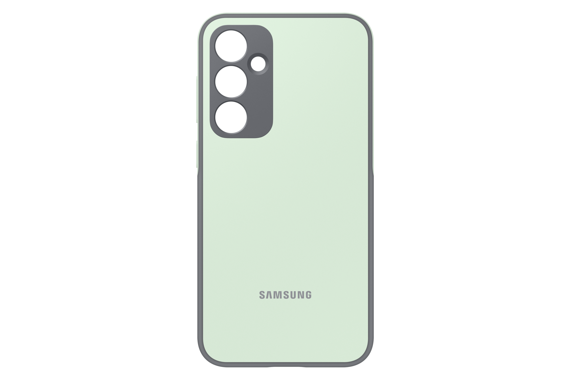 Parte trasera de un smartphone verde claro con tres cámaras y el logo de Samsung.