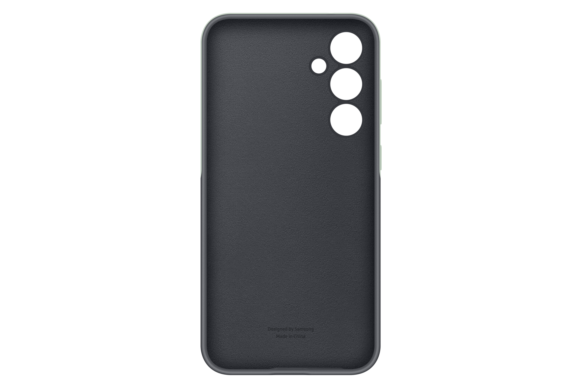 Funda gris oscuro para teléfono con tres recortes para cámara y logo.