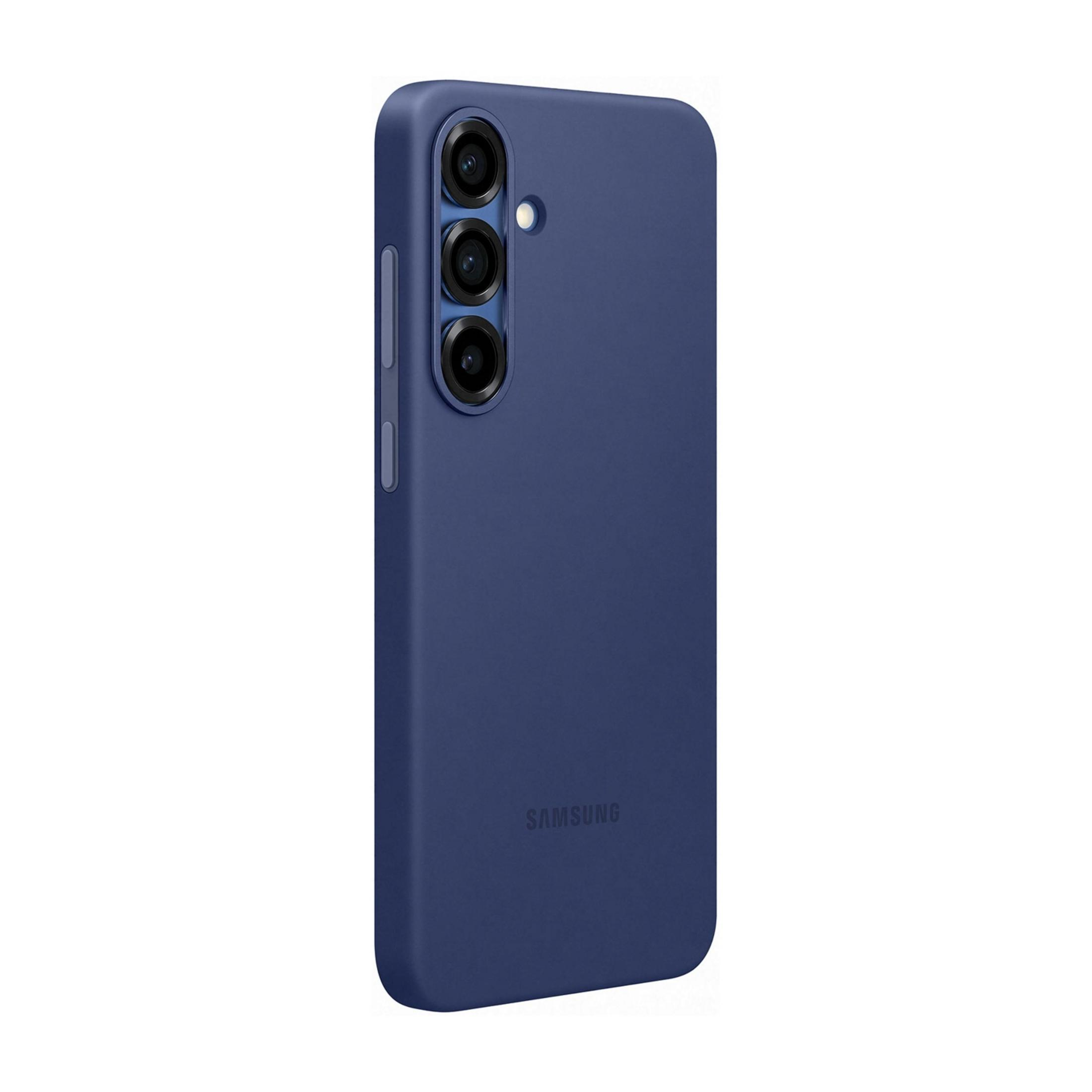 Ciemnoniebieski telefon z trzema aparatami i logo Samsung.