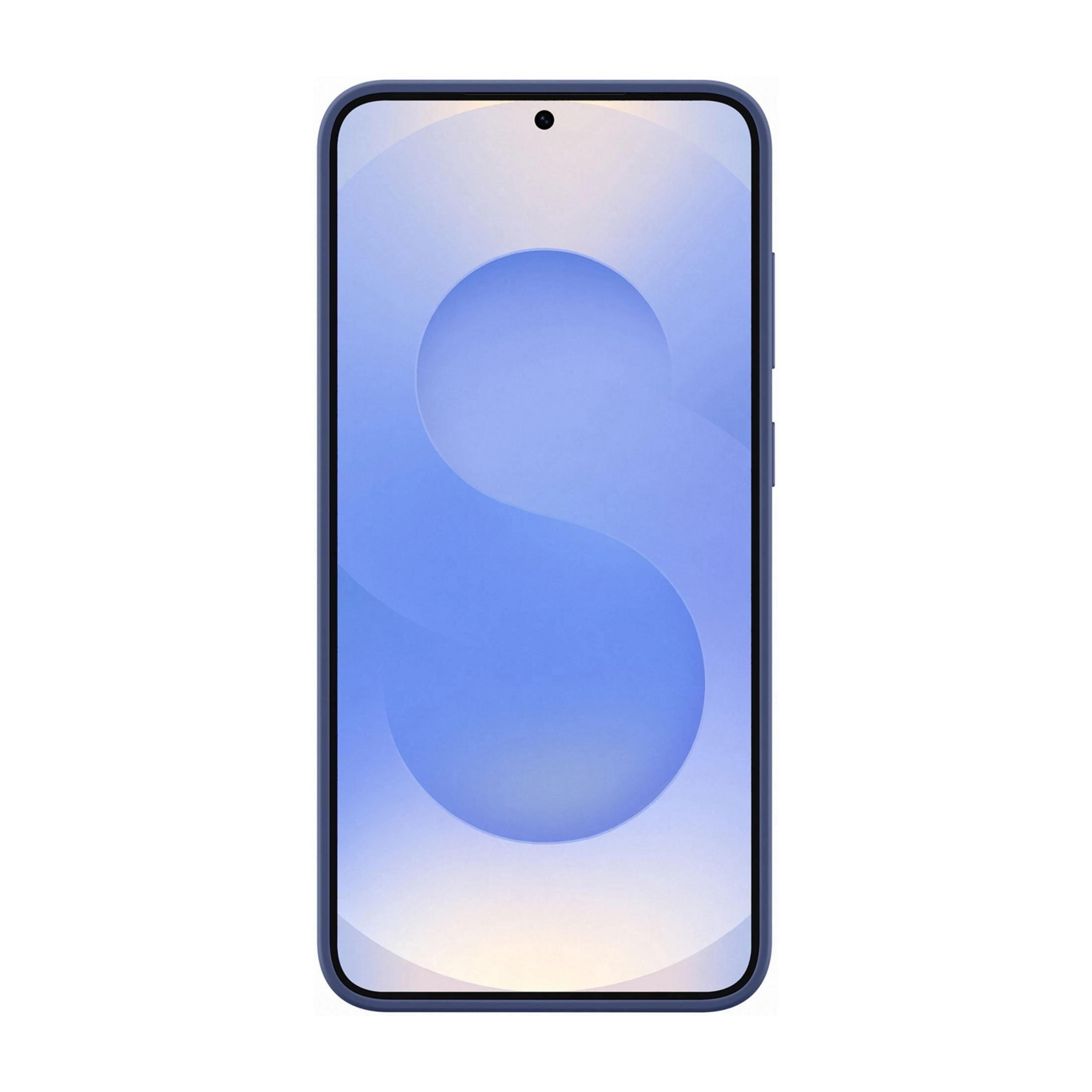 Niebieski smartfon z stylizowaną literą S na ekranie.