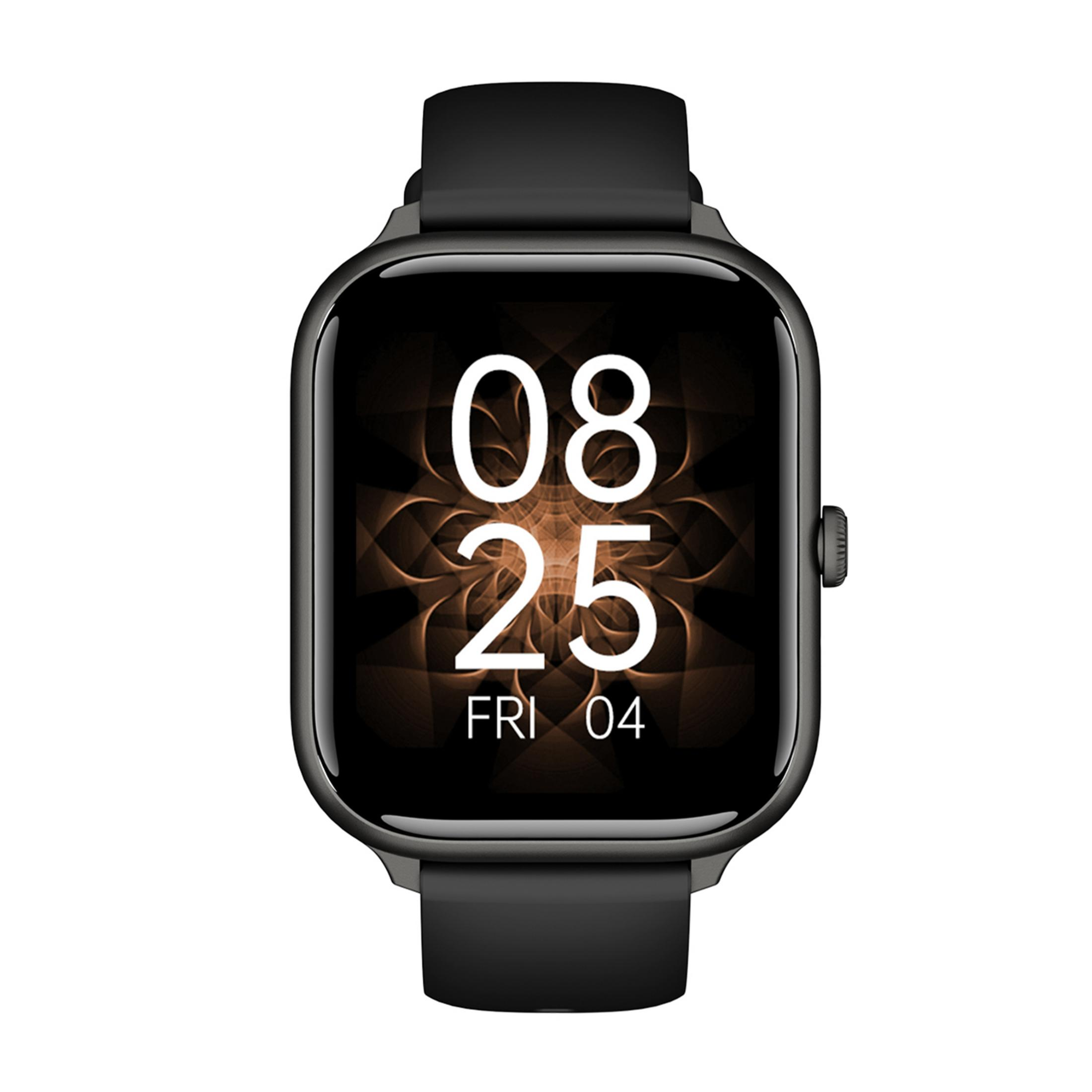 Uno smartwatch nero con display digitale che mostra le 08:25 di venerdì 4.
