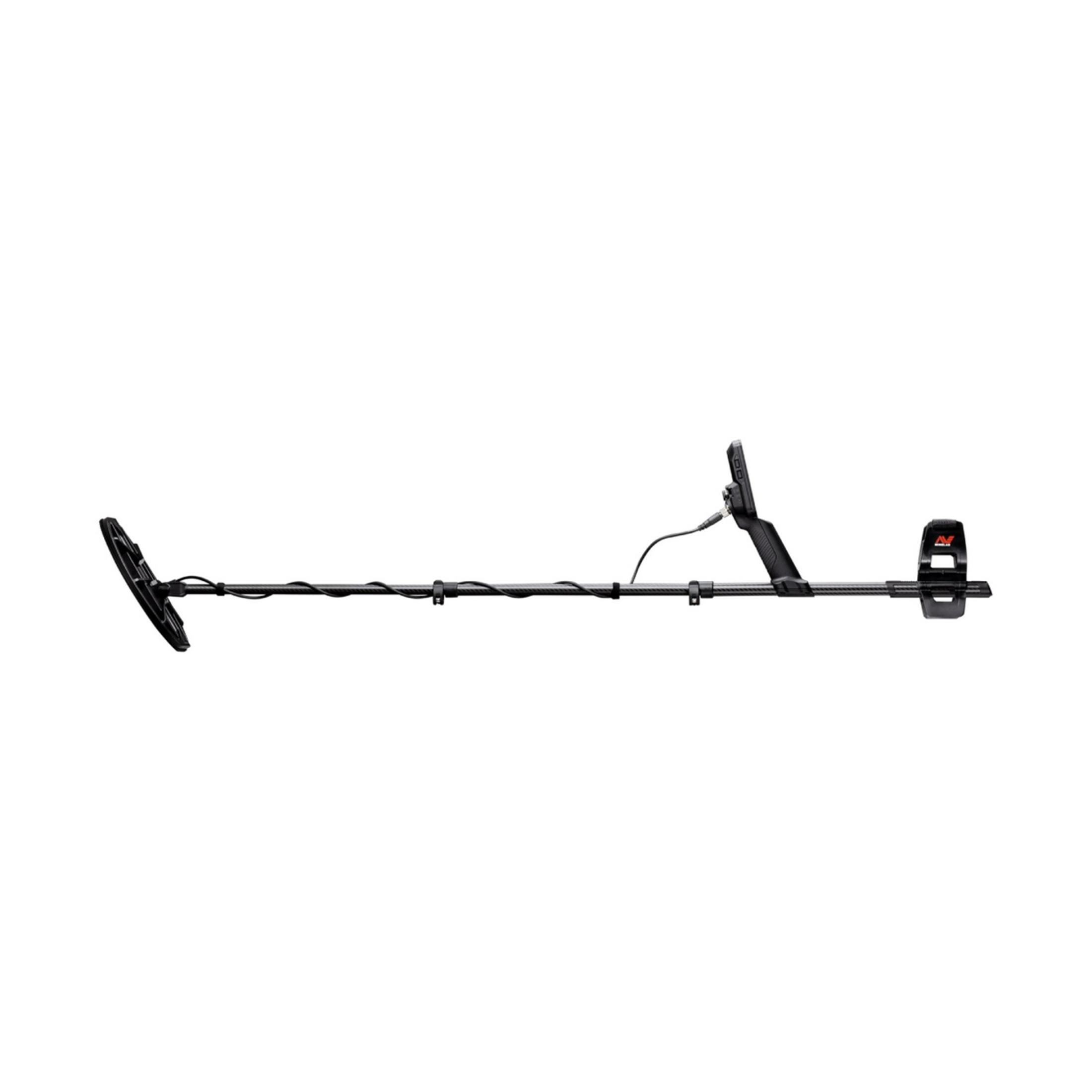 Un metal detector nero con bobina rotonda e asta lunga.