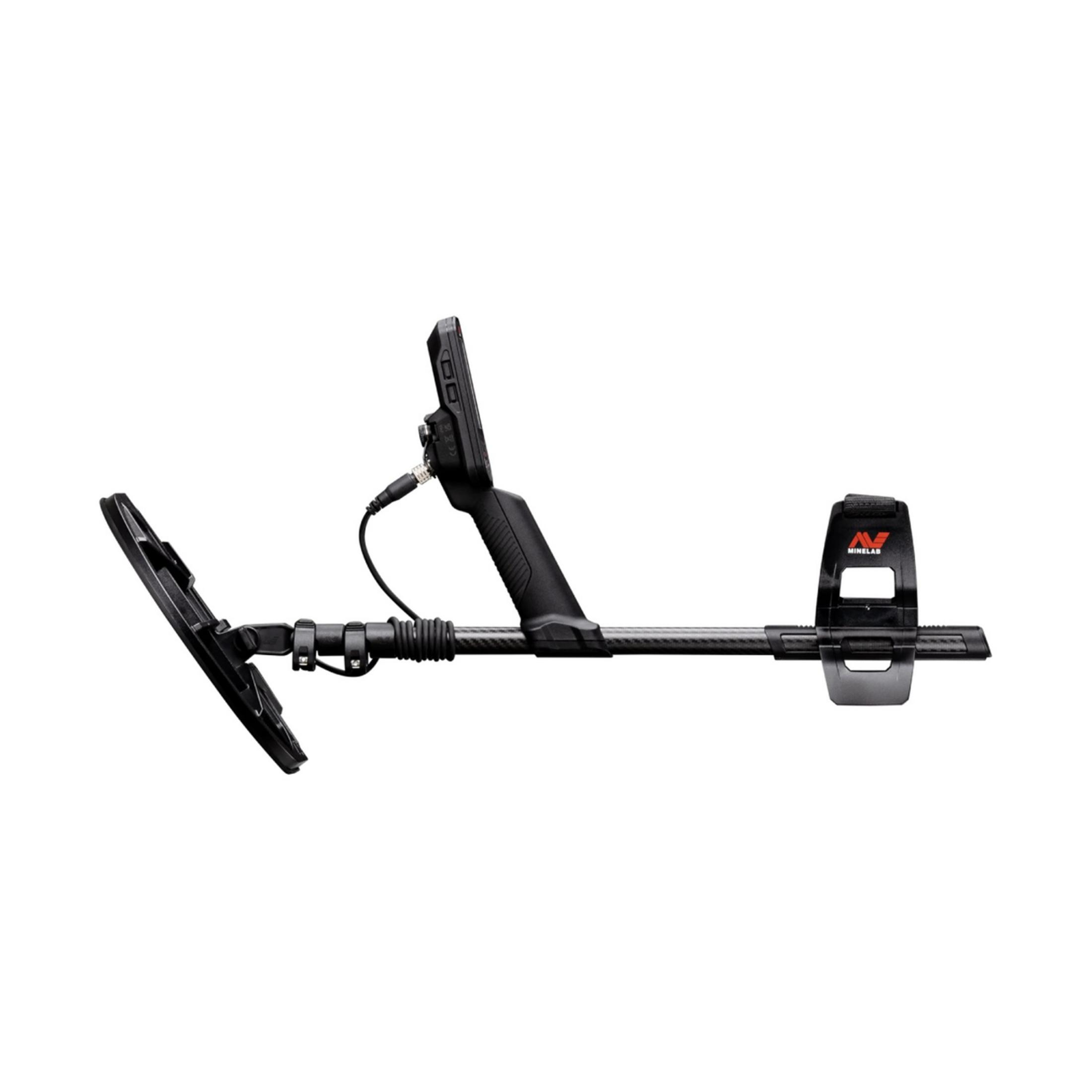 Un metal detector nero con bobina, manico e display neri.
