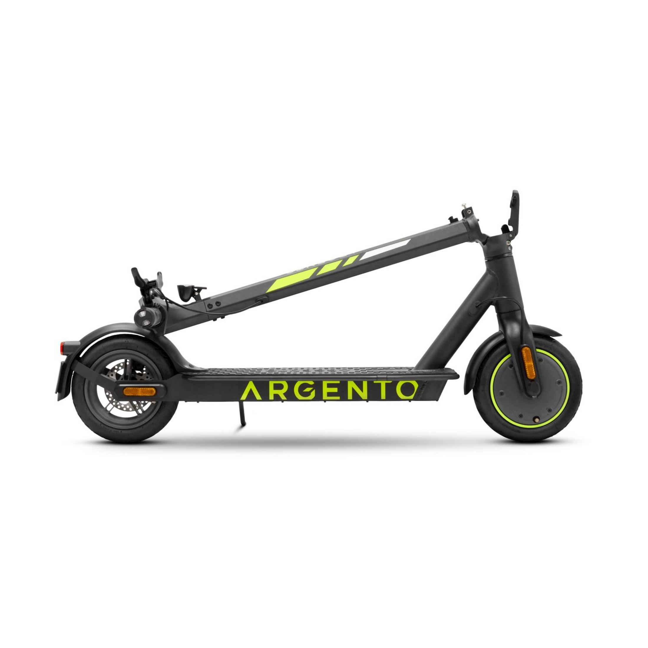 Un monopattino elettrico nero con accenti gialli e il nome ARGENTO.