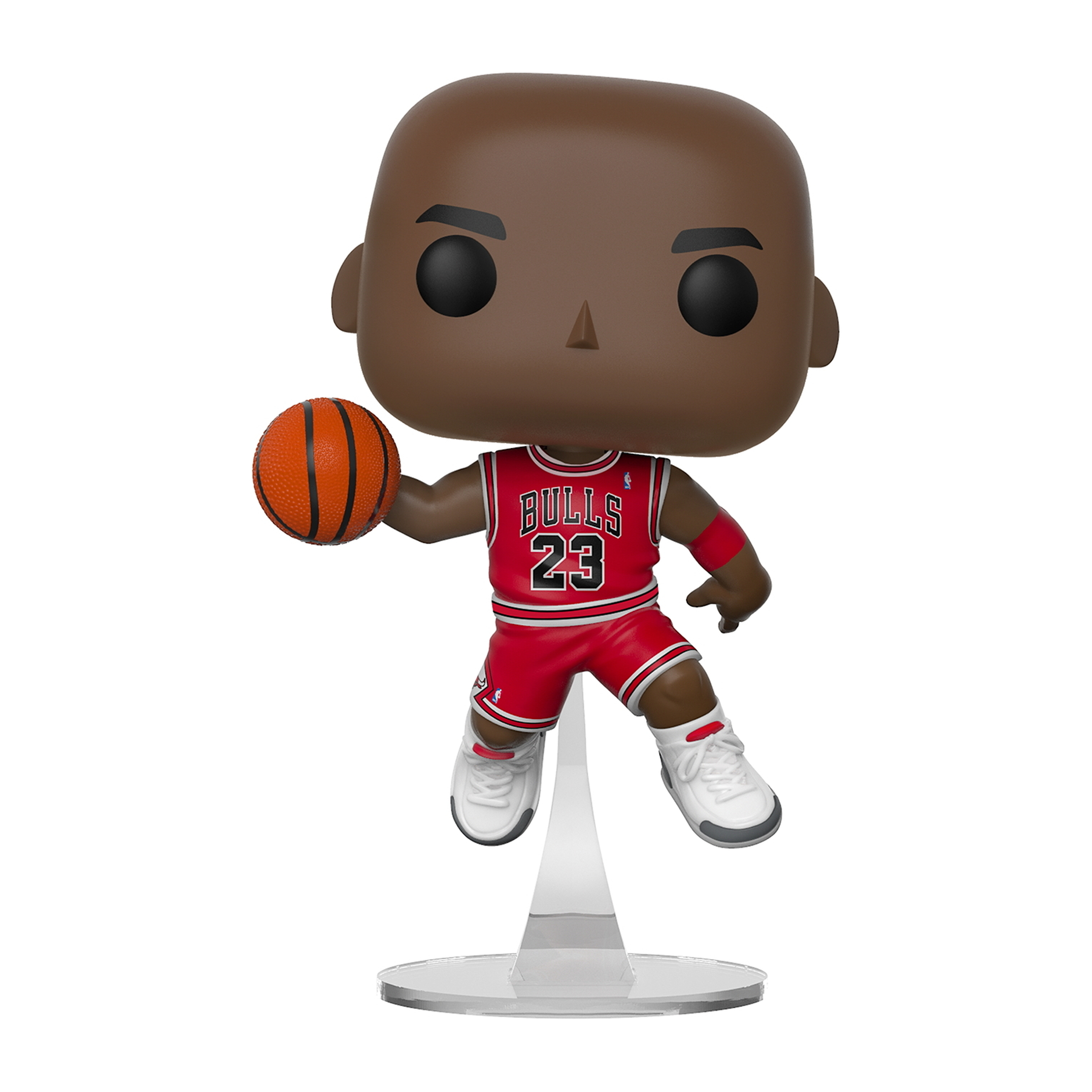 Figura Funko Pop Michael Jordan con jersey rojo de los Bulls y balón.