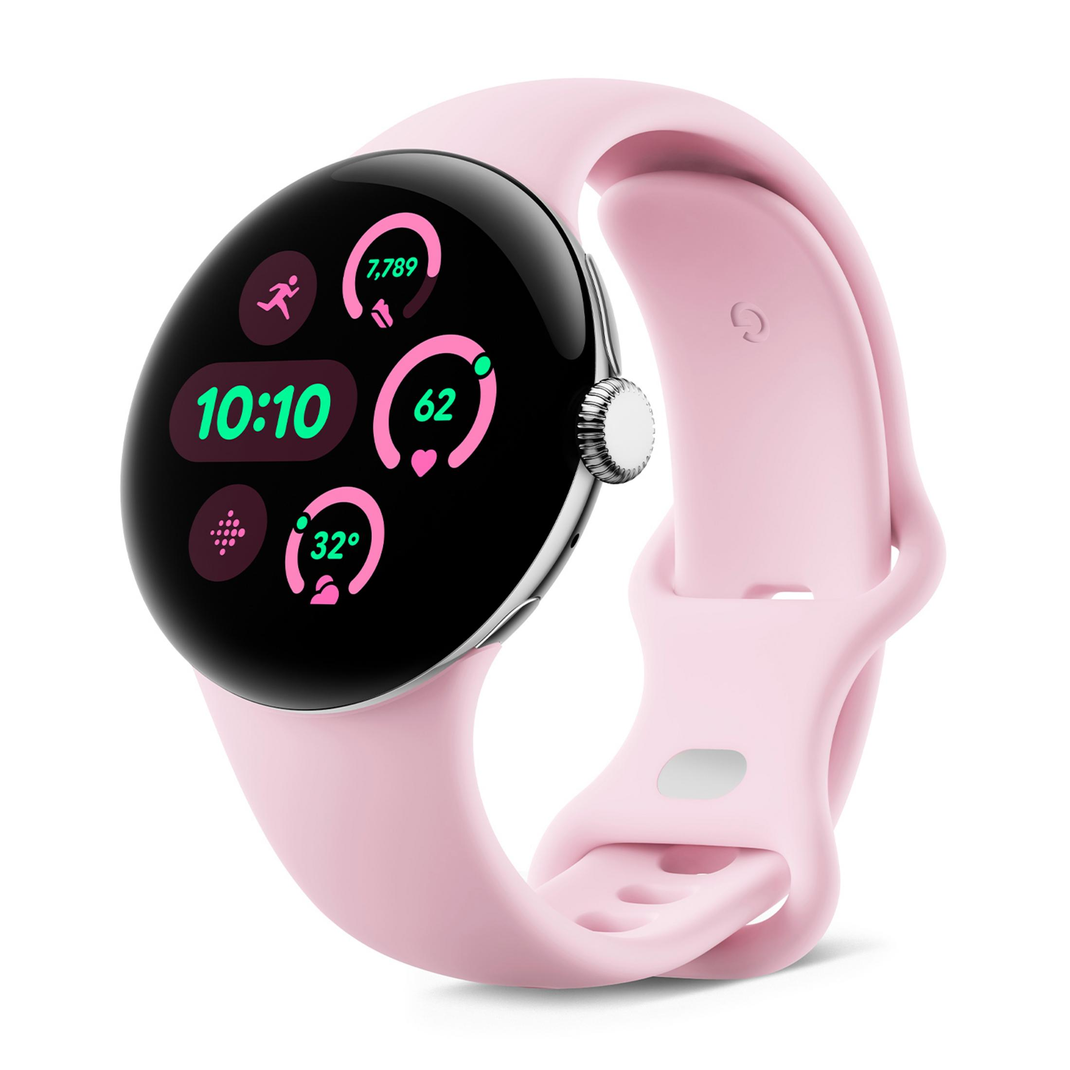 Różowy smartwatch z czarnym wyświetlaczem pokazującym czas, kroki, tętno i temperaturę.