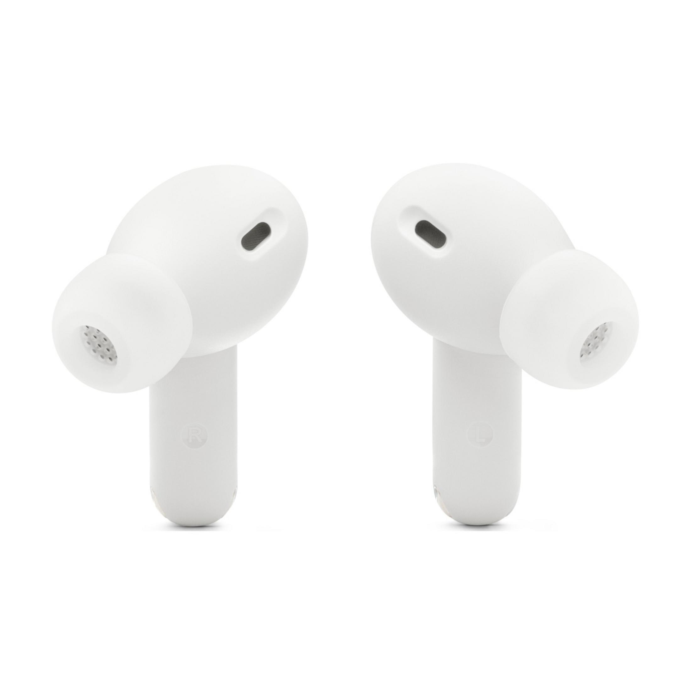 Dwa białe słuchawki bezprzewodowe obok siebie na białym tle.