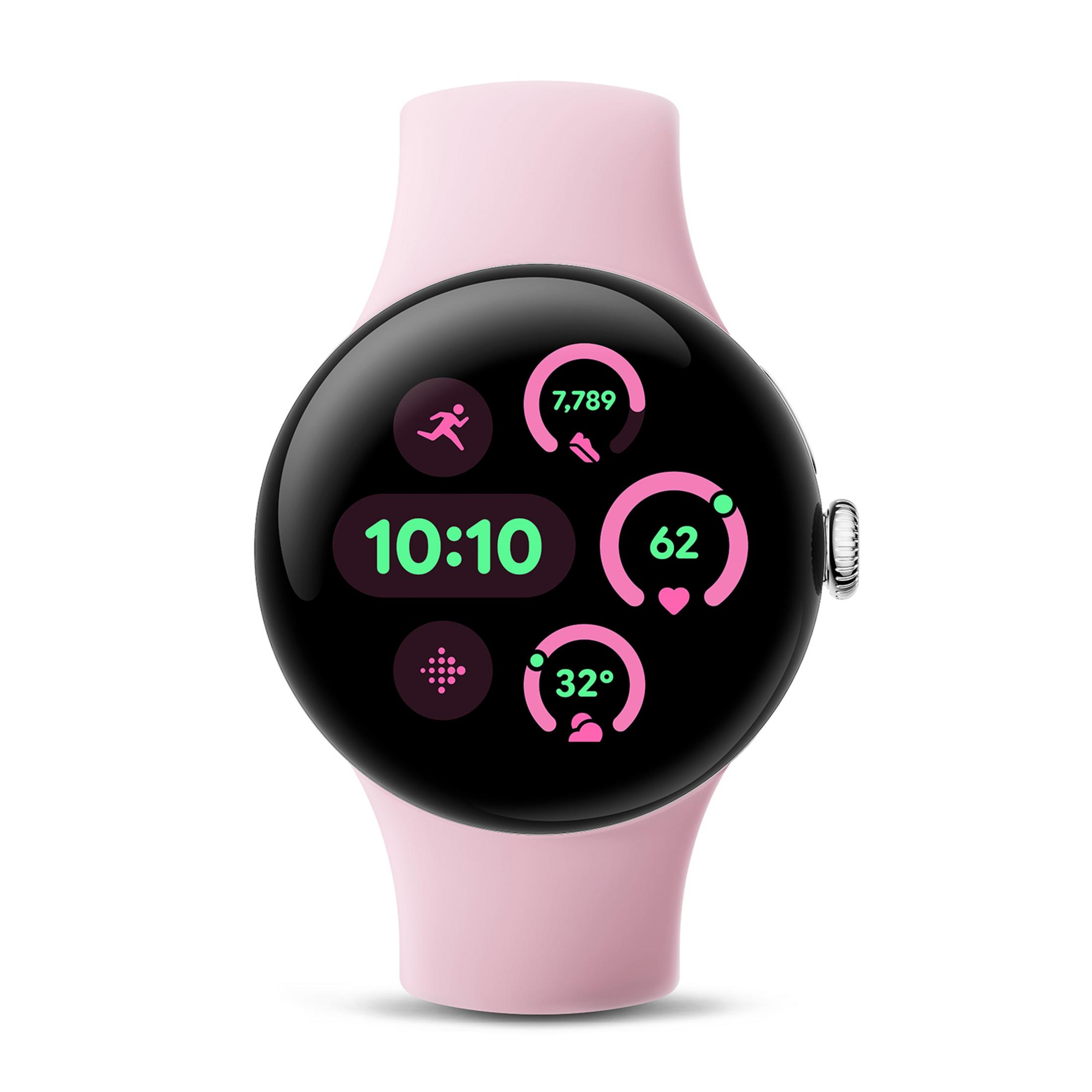 Różowy smartwatch z czarnym wyświetlaczem pokazującym 10:10, kroki, tętno i temperaturę.