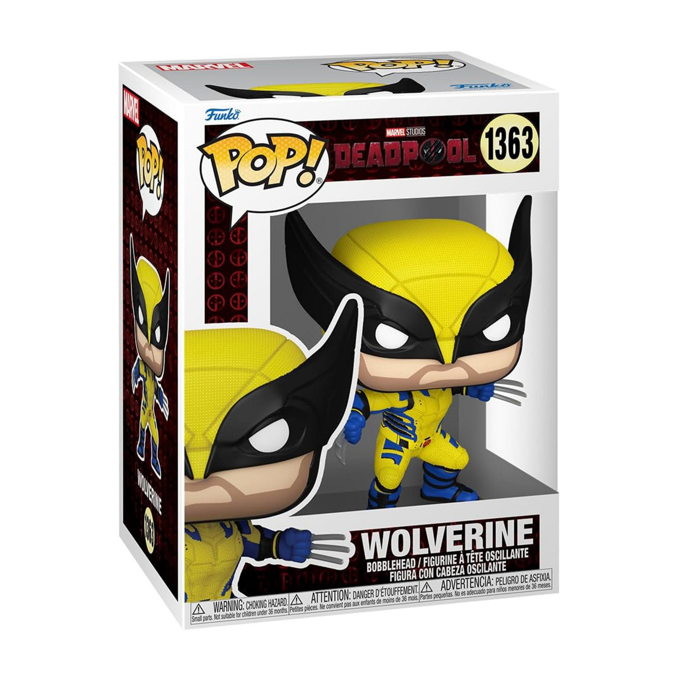 Action figure Funko Pop! Wolverine stile Deadpool, tuta gialla, artigli estesi.