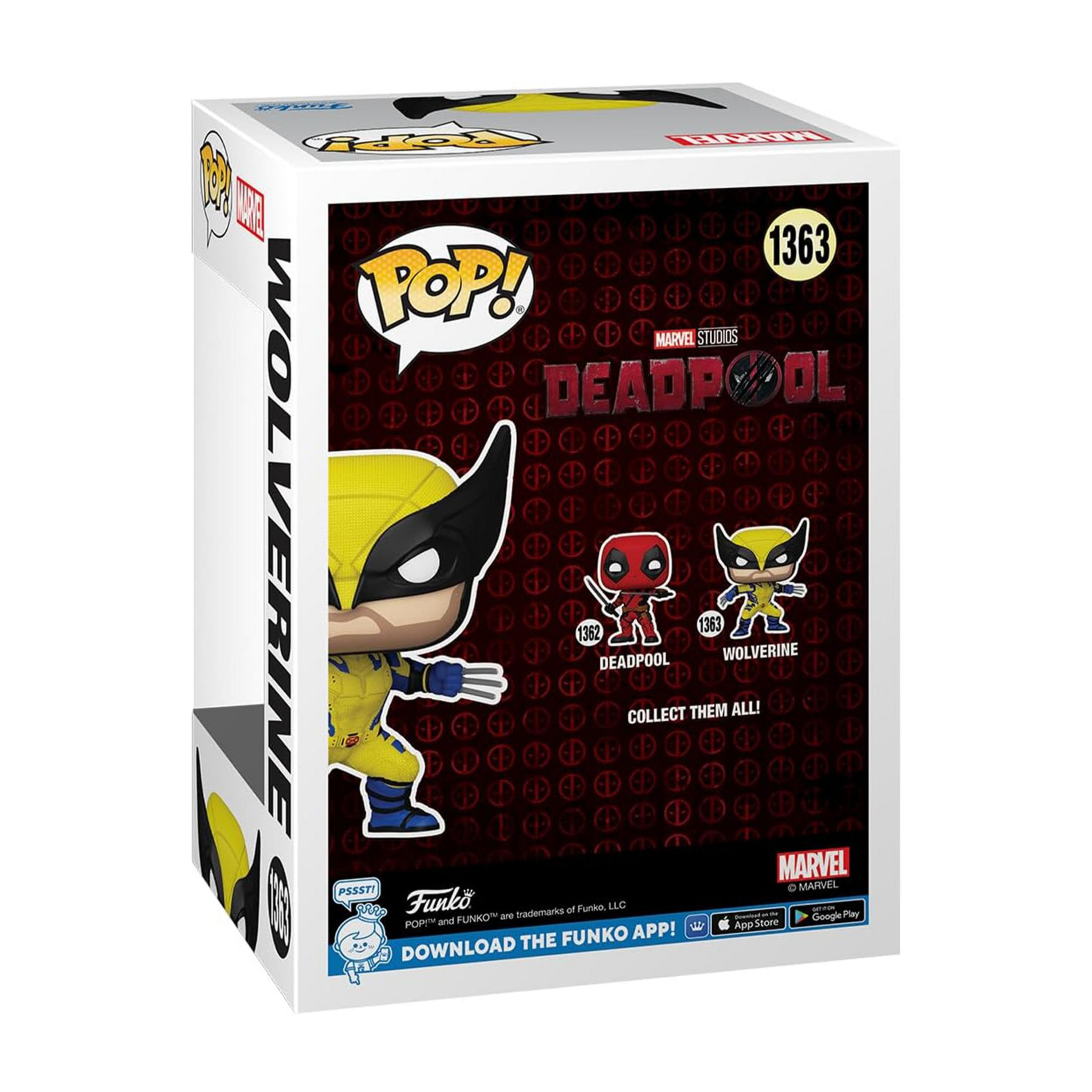 Scatola Funko Pop! con figure di Wolverine e Deadpool. Giallo e rosso.