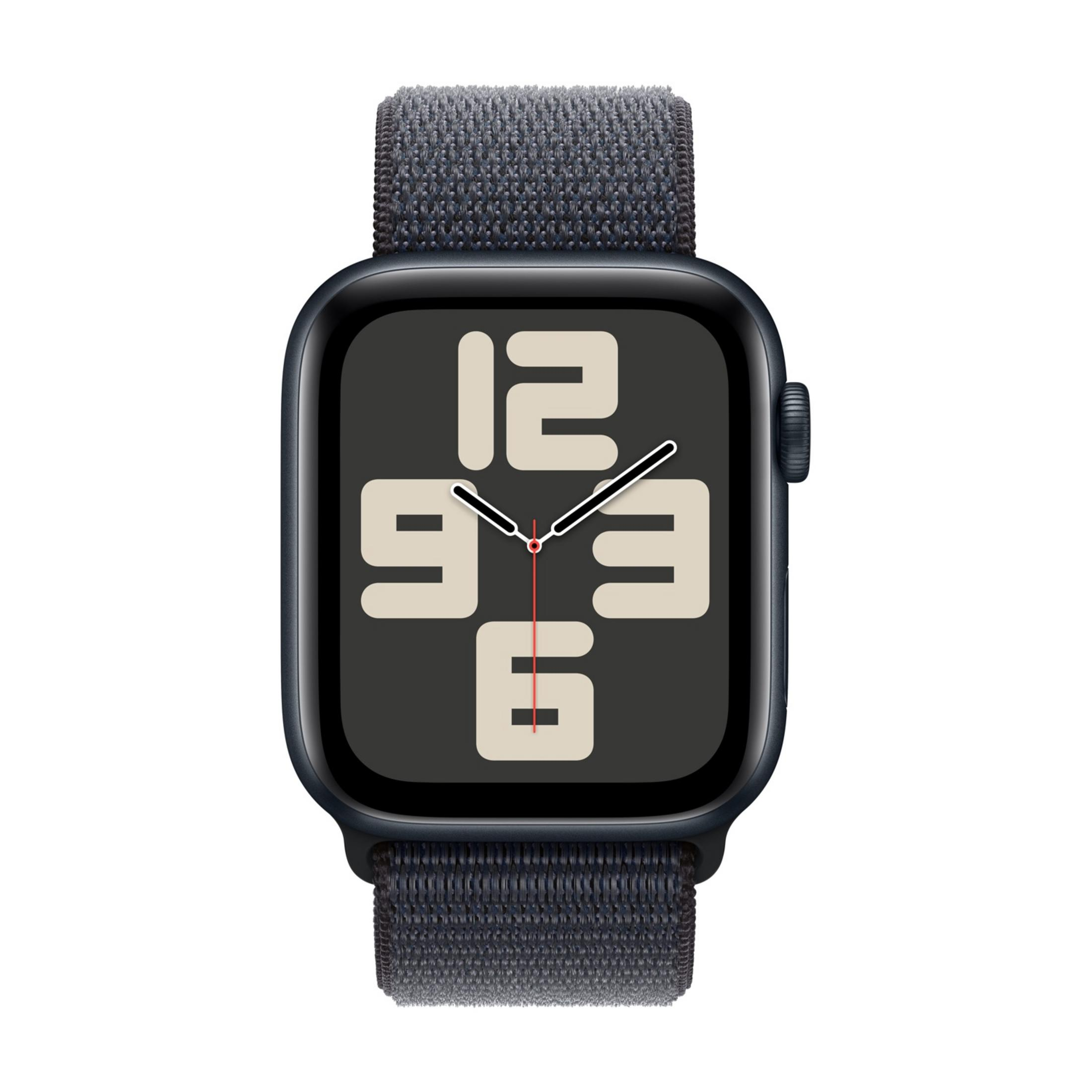 Ciemny smartwatch z szarą opaską materiałową i tarczą z dużymi, jasnobeżowymi cyframi.