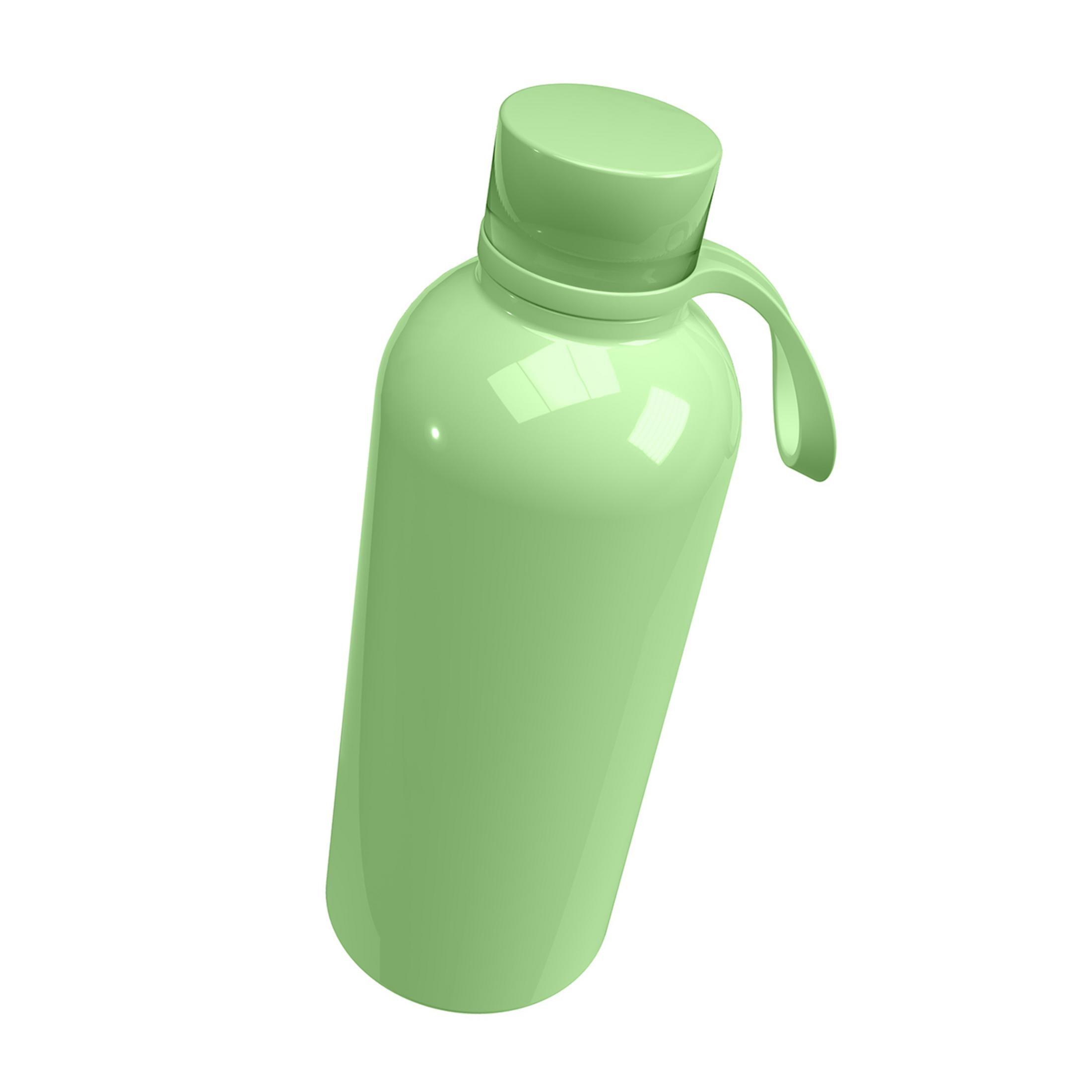 Una botella de agua verde claro, brillante, con asa y tapón de rosca.