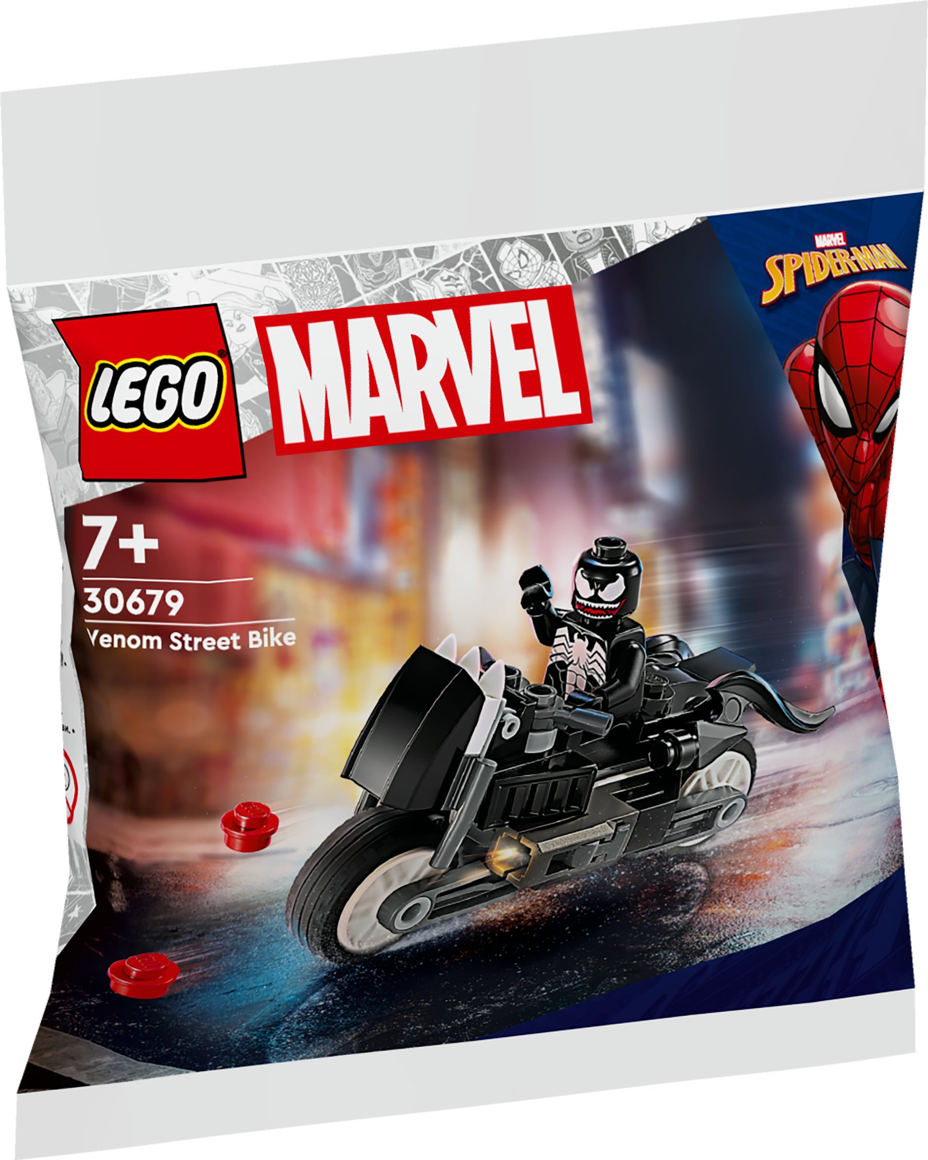 Een Lego Venom-minifiguur rijdt op een zwarte motorfiets met rode Lego-onderdelen.