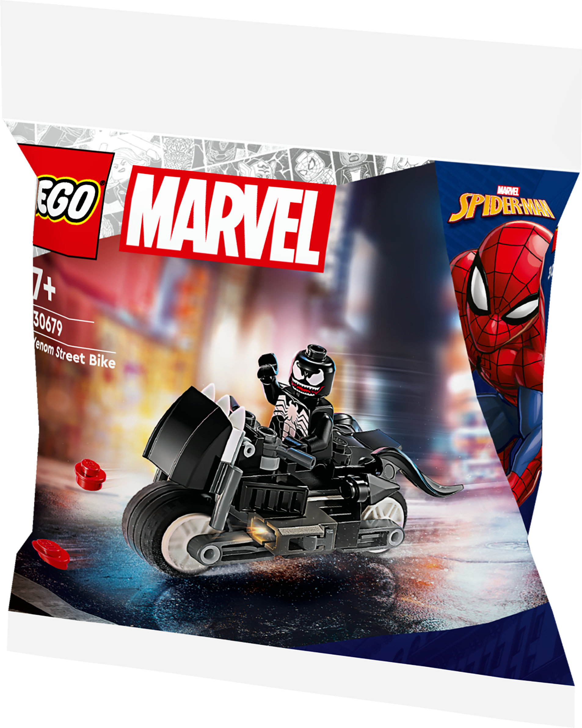 Venom rijdt op een zwarte Lego motorfiets met Spiderman op de achtergrond.